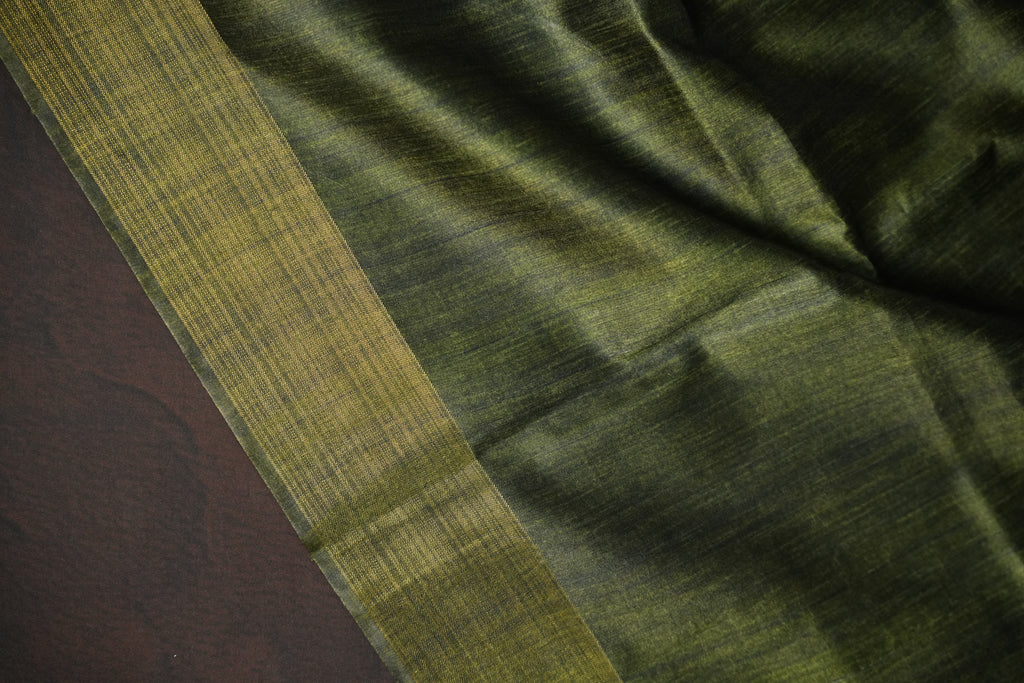 Olive Green Floral Fancy Linen Saree with Artistic Print