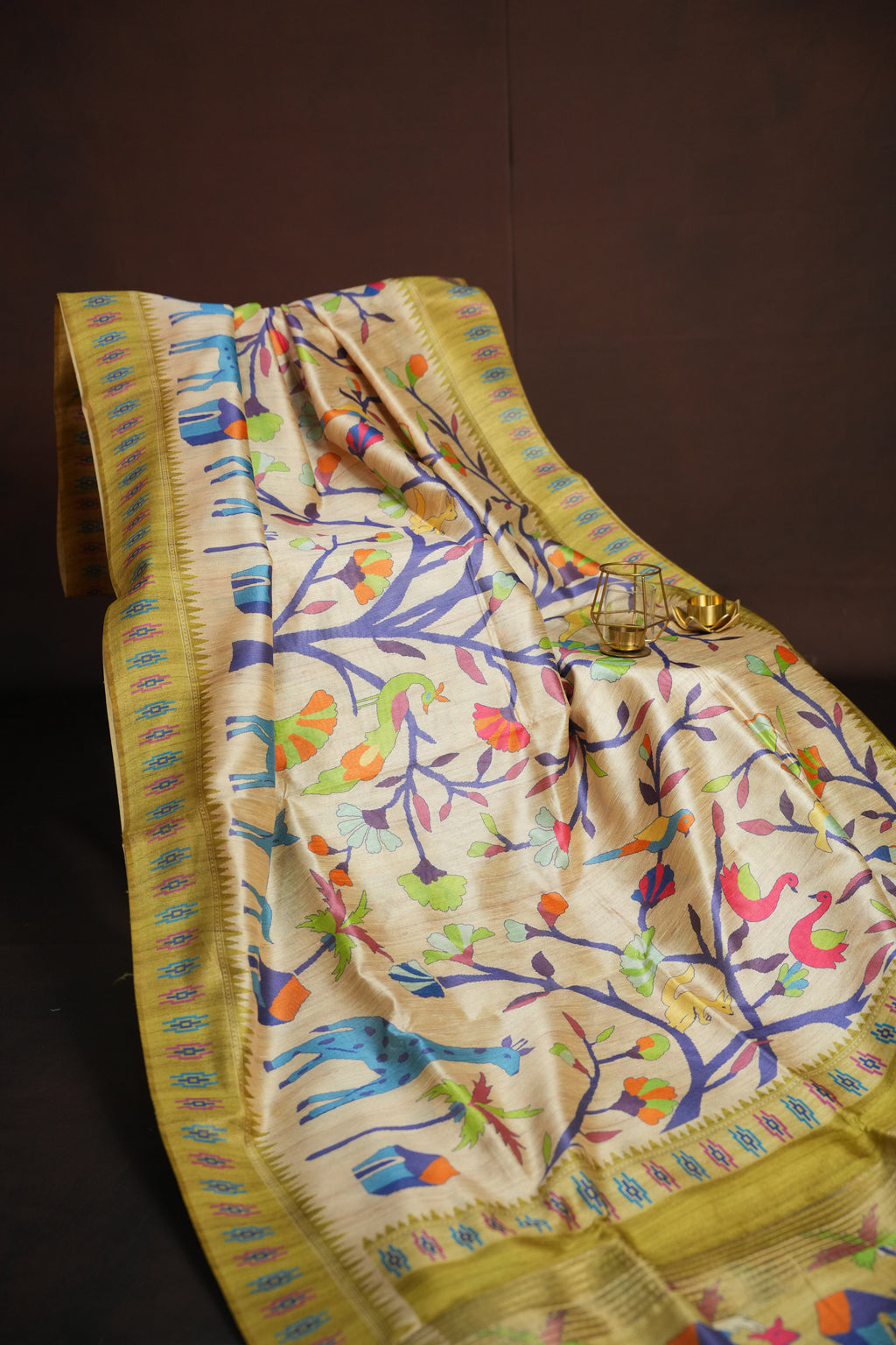 Olive Green Fancy Linen Saree with Artistic Tribal Print
