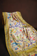 Olive Green Fancy Linen Saree with Artistic Tribal Print