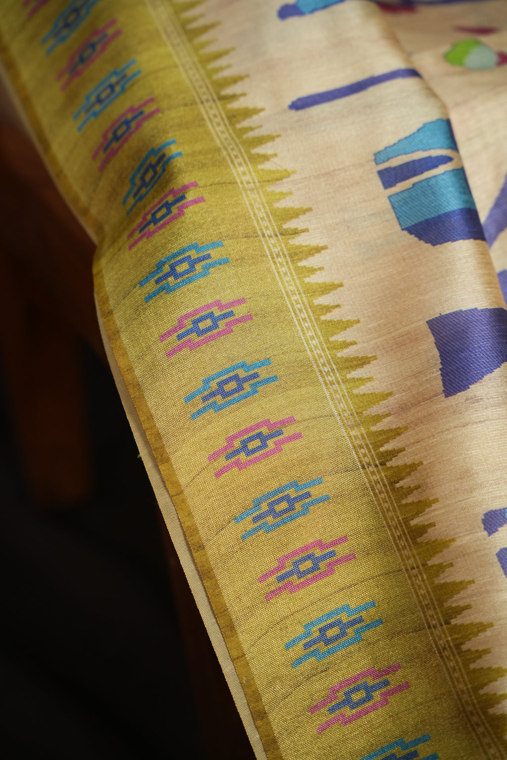Olive Green Fancy Linen Saree with Artistic Tribal Print