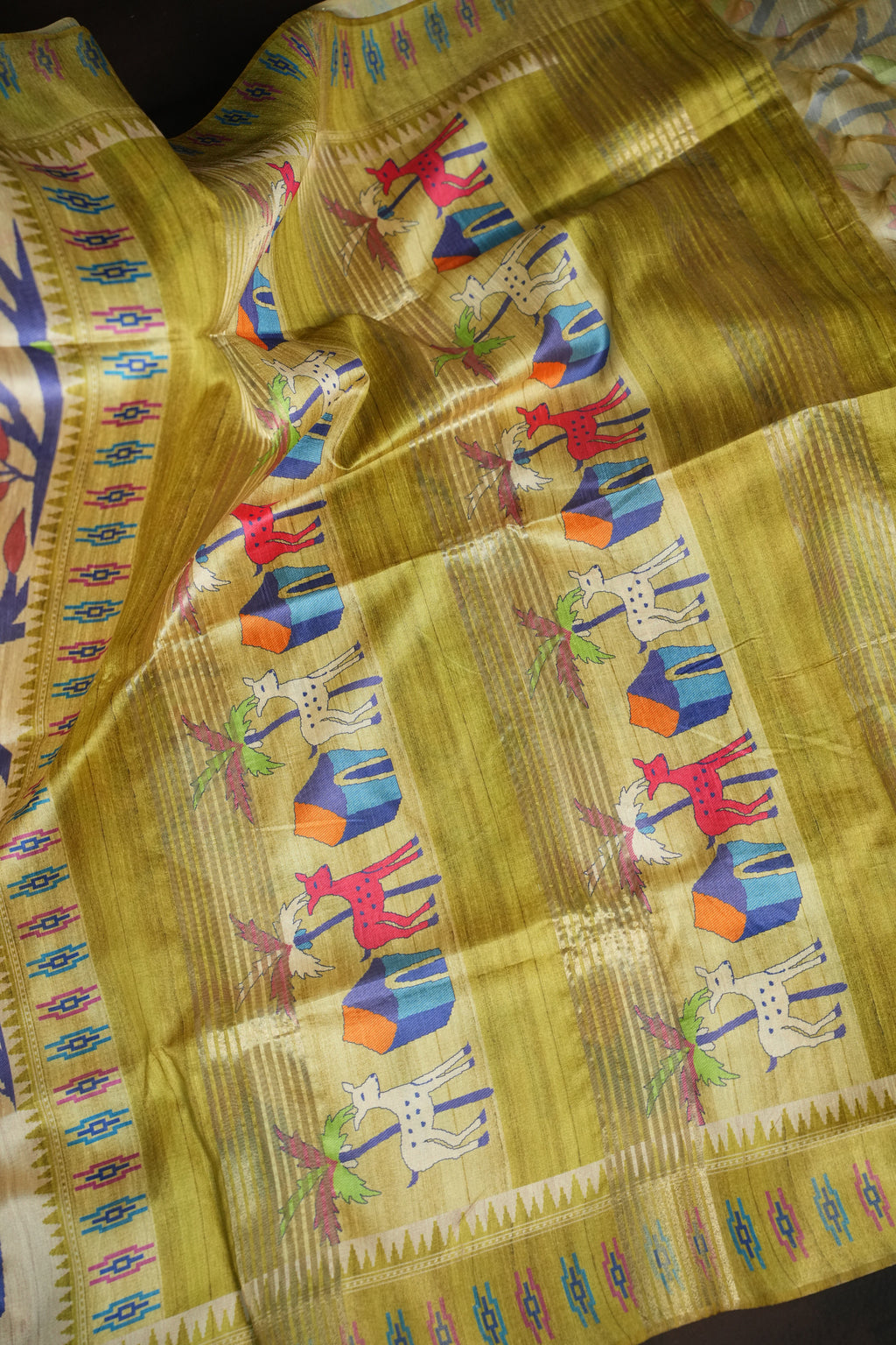 Olive Green Fancy Linen Saree with Artistic Tribal Print