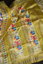Olive Green Fancy Linen Saree with Artistic Tribal Print