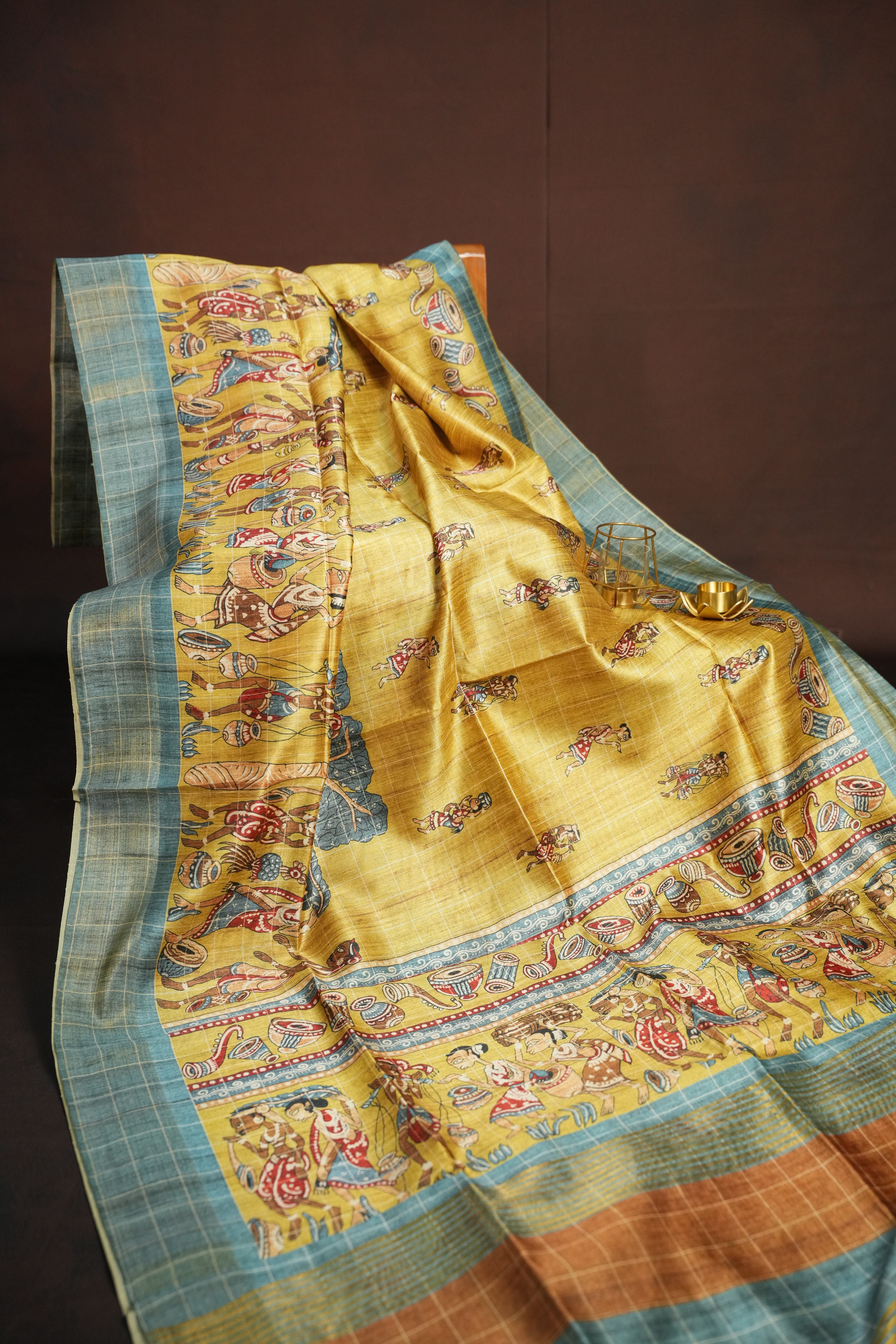 Brown and Sky Blue Fancy Linen Saree with Printed Pallu