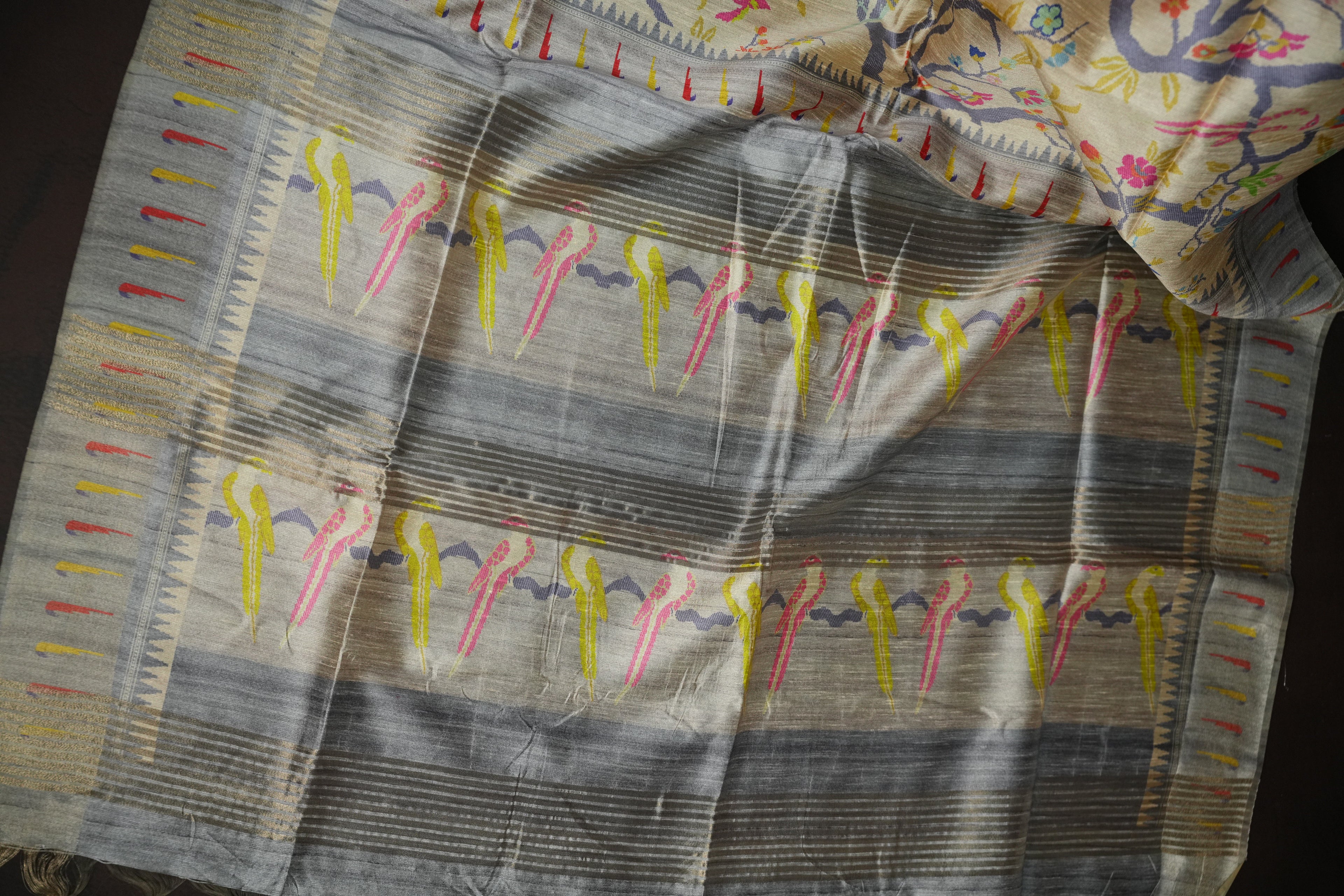 Grey Fancy Linen Saree with Bird Print and Tassel Design
