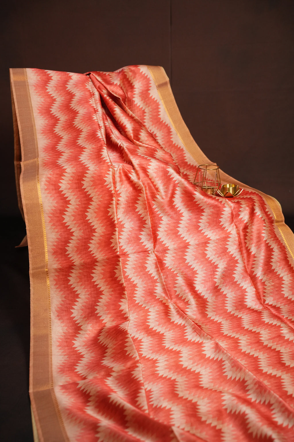 Peach Geometric Fancy Linen Saree with Tassel Detailing