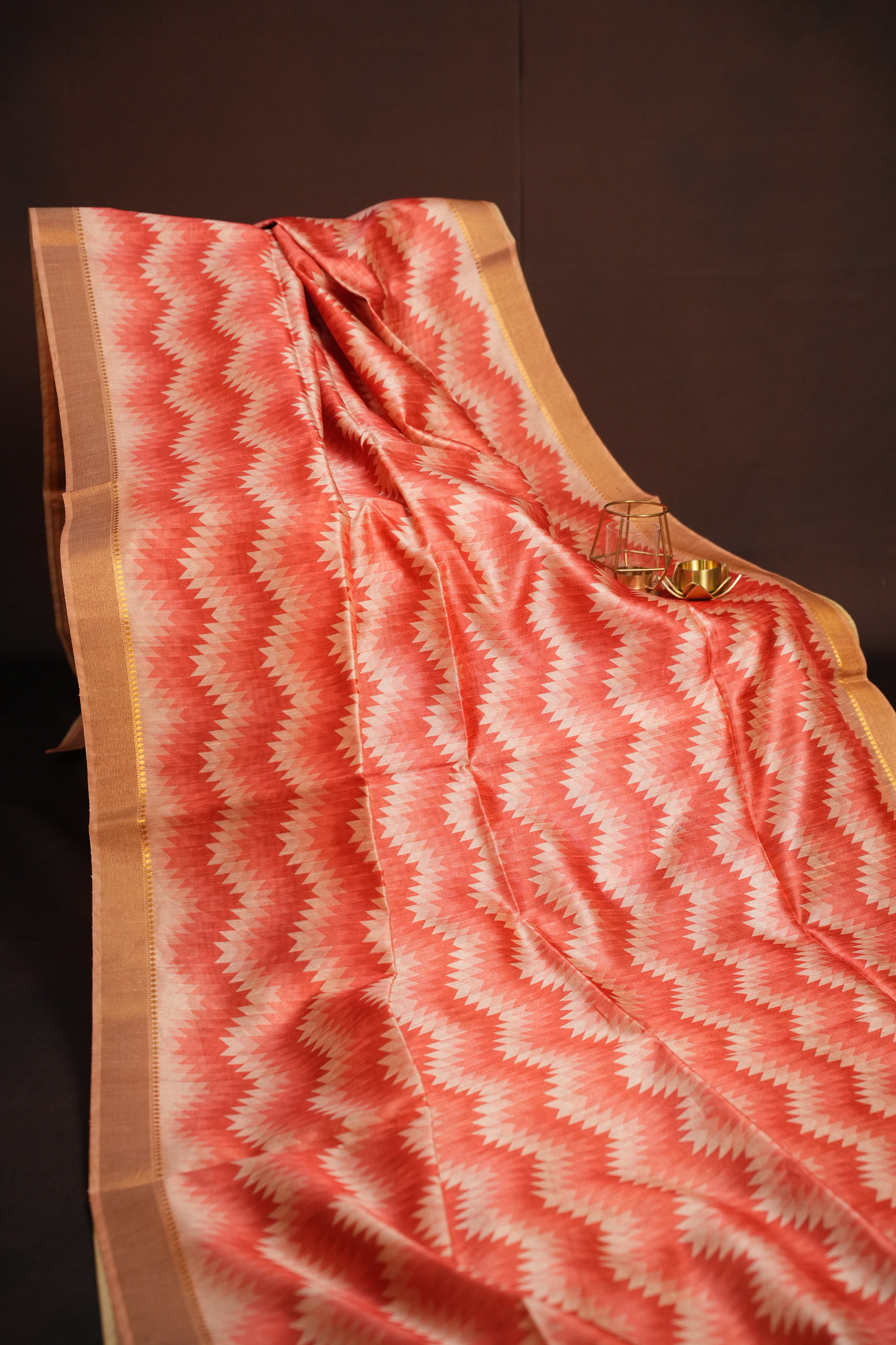 Peach Geometric Fancy Linen Saree with Tassel Detailing