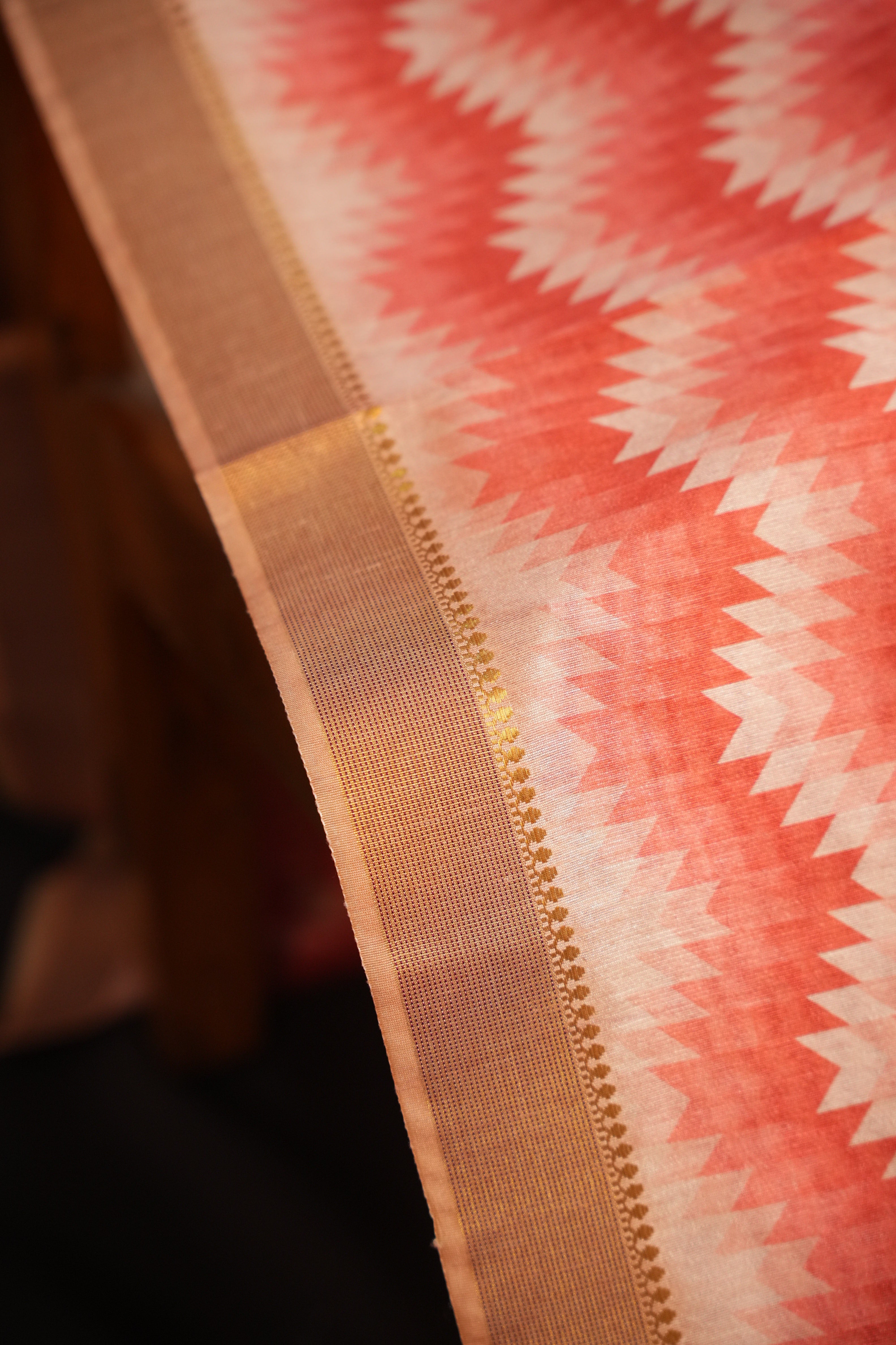 Peach Geometric Fancy Linen Saree with Tassel Detailing