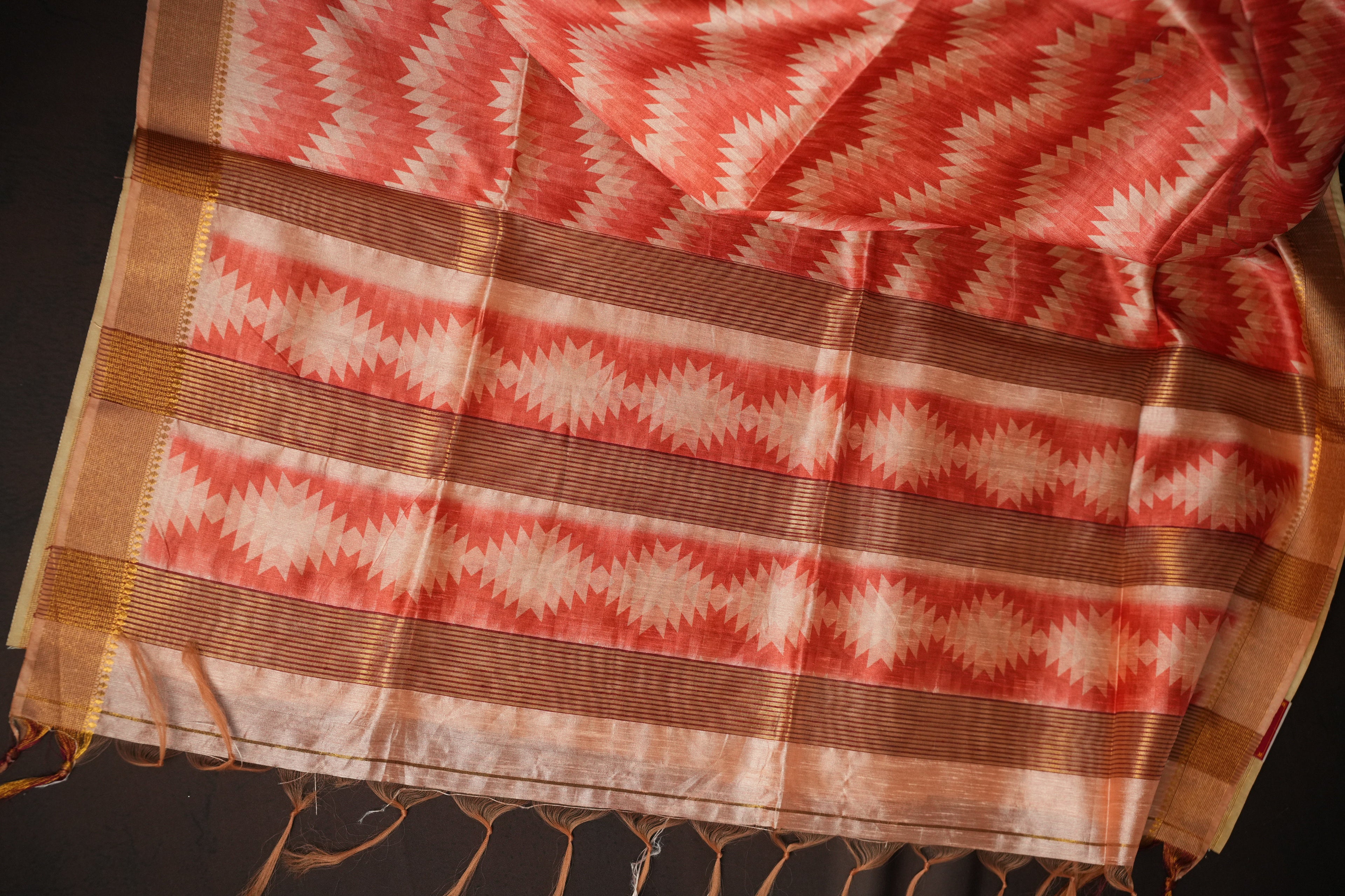 Peach Geometric Fancy Linen Saree with Tassel Detailing