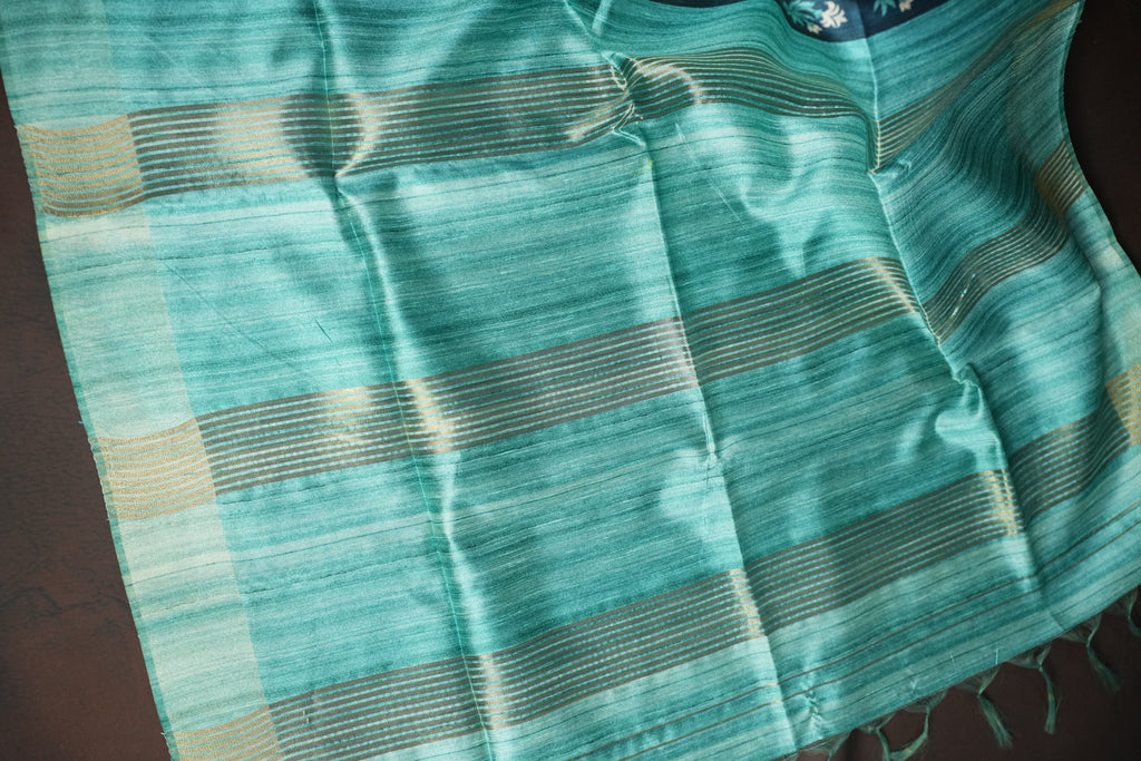 Sea Green Fancy Linen Saree with Elegant Striped Design