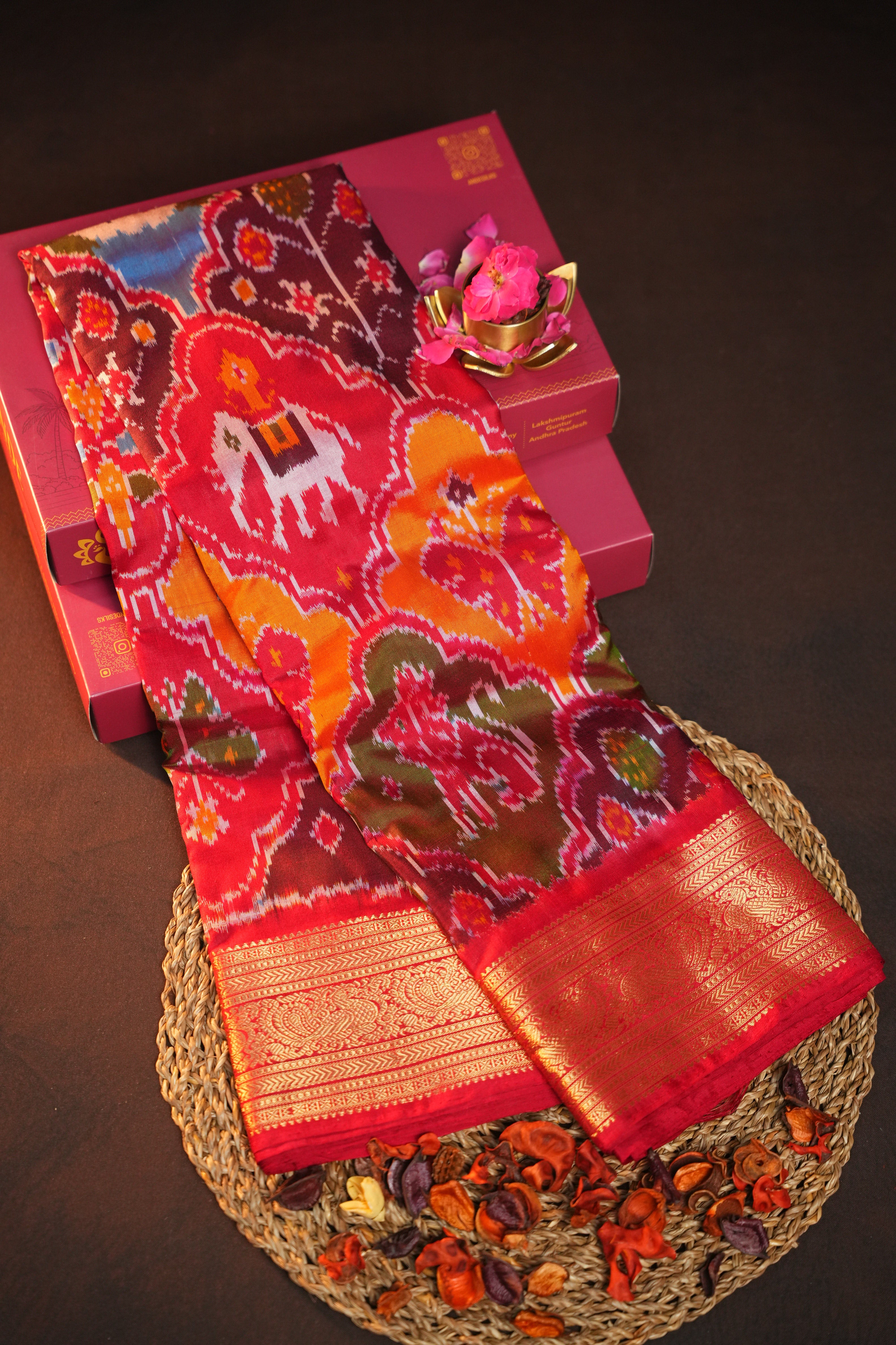 Ikkat Kanchi Border Saree in Red & Multicolor