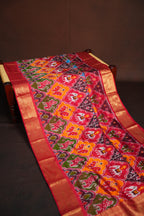 Ikkat Kanchi Border Saree in Red & Multicolor