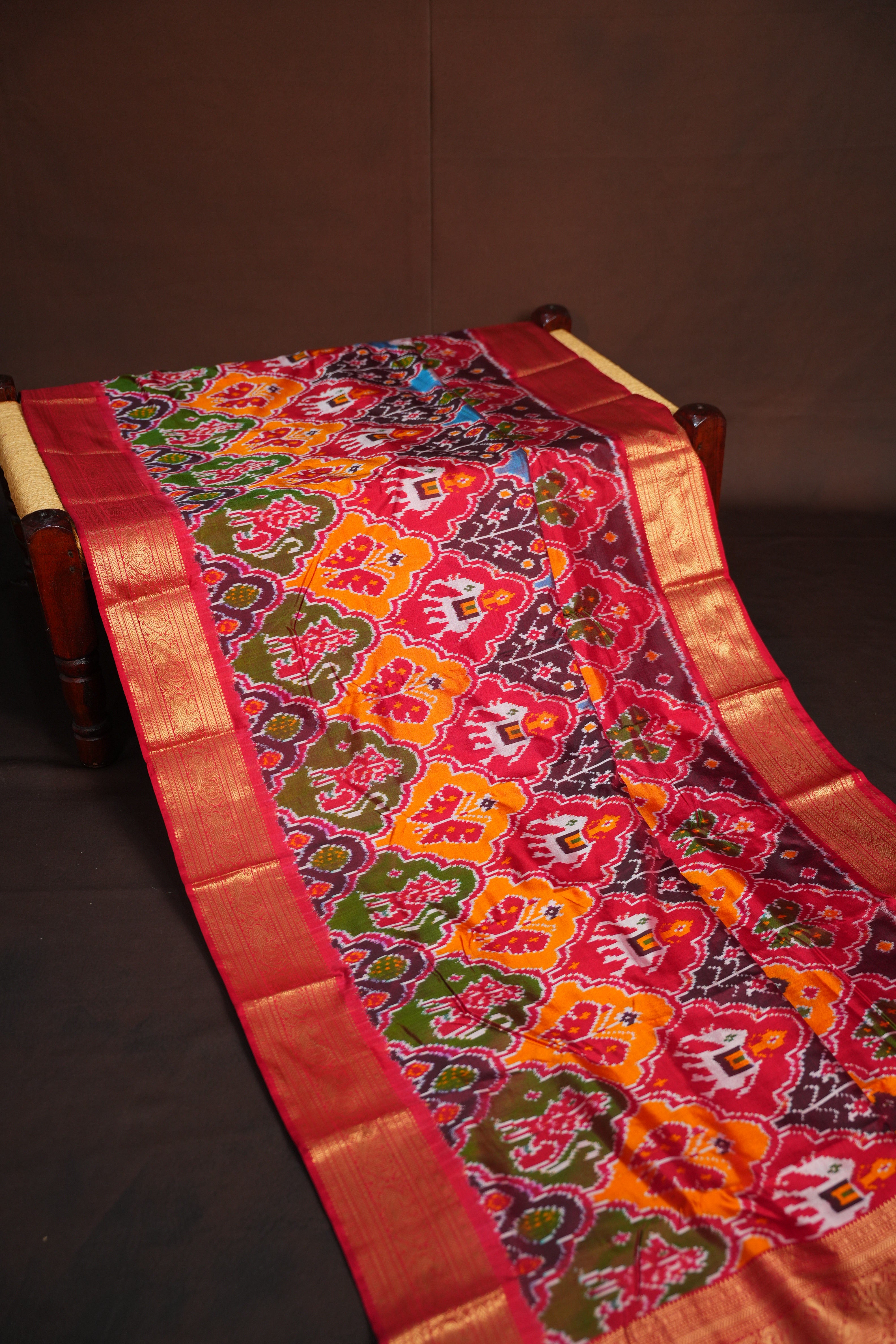 Ikkat Kanchi Border Saree in Red & Multicolor