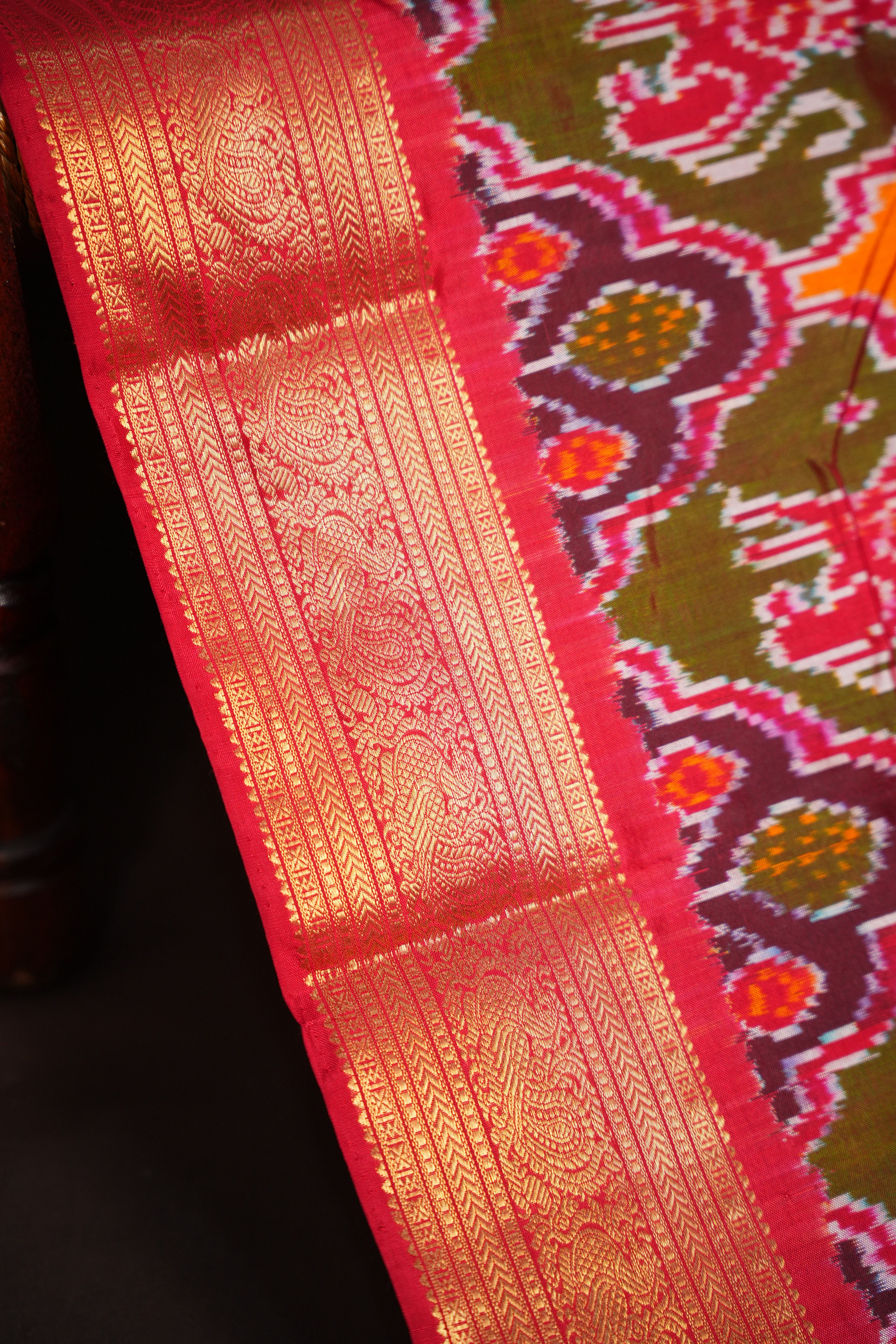 Ikkat Kanchi Border Saree in Red & Multicolor