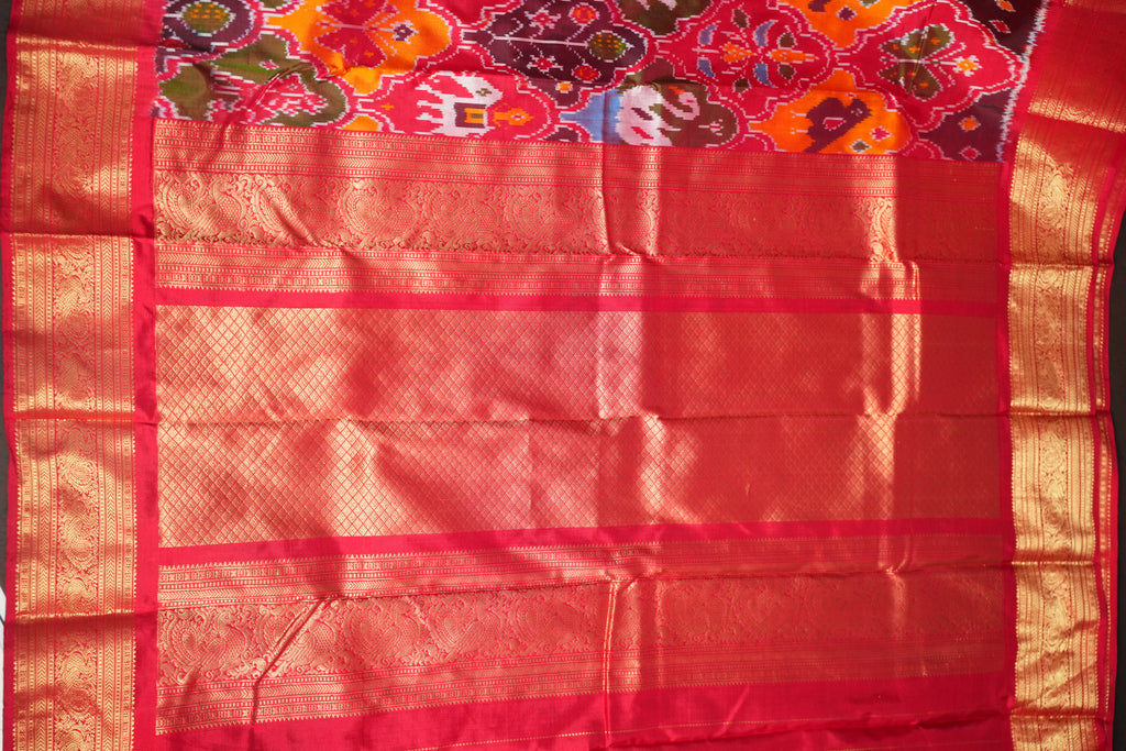 Ikkat Kanchi Border Saree in Red & Multicolor