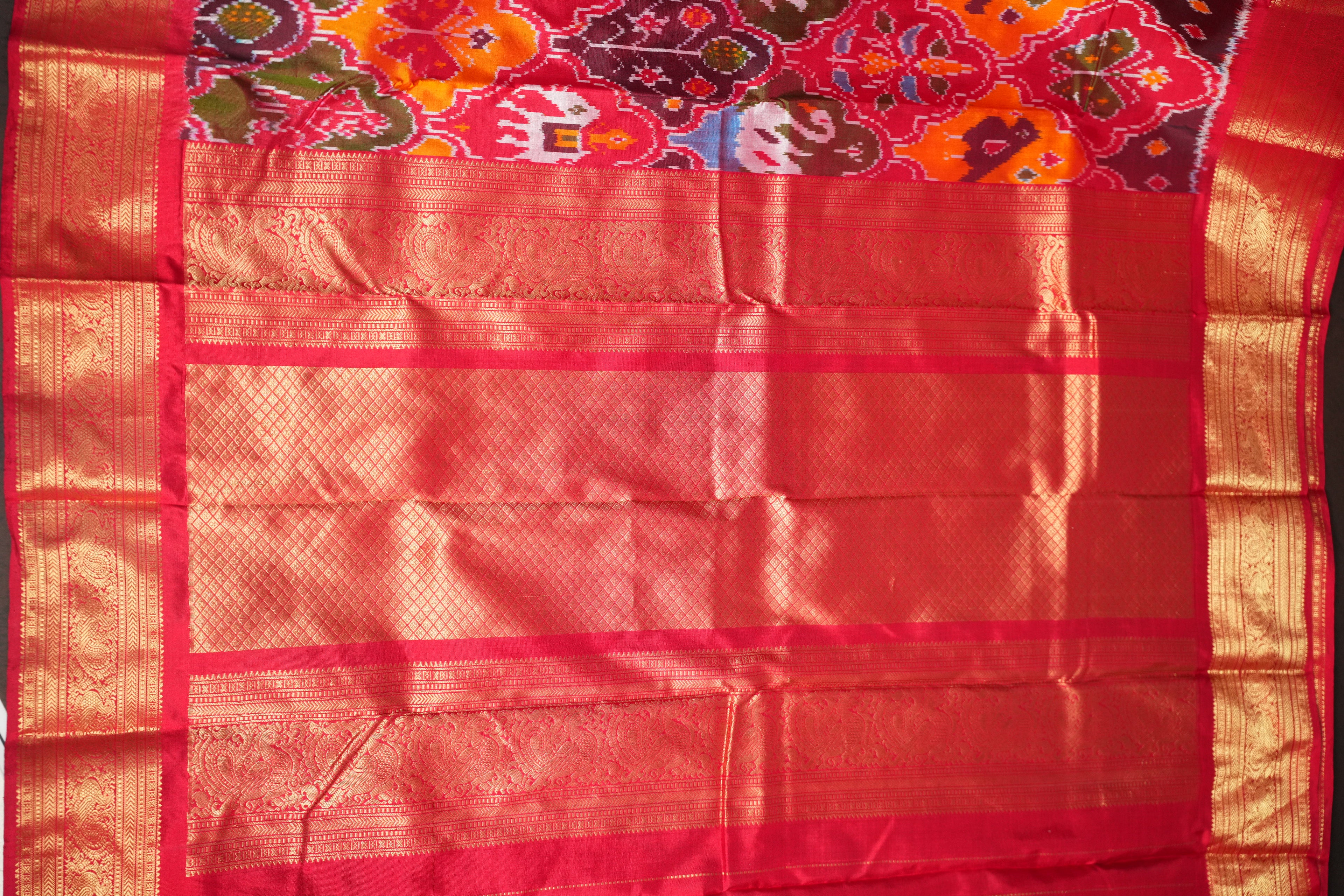 Ikkat Kanchi Border Saree in Red & Multicolor