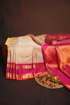 Kanchi Classic Collection Saree in Beige & Rani Pink