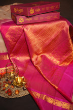 Kanchi Classic Collection Saree in Beige & Rani Pink