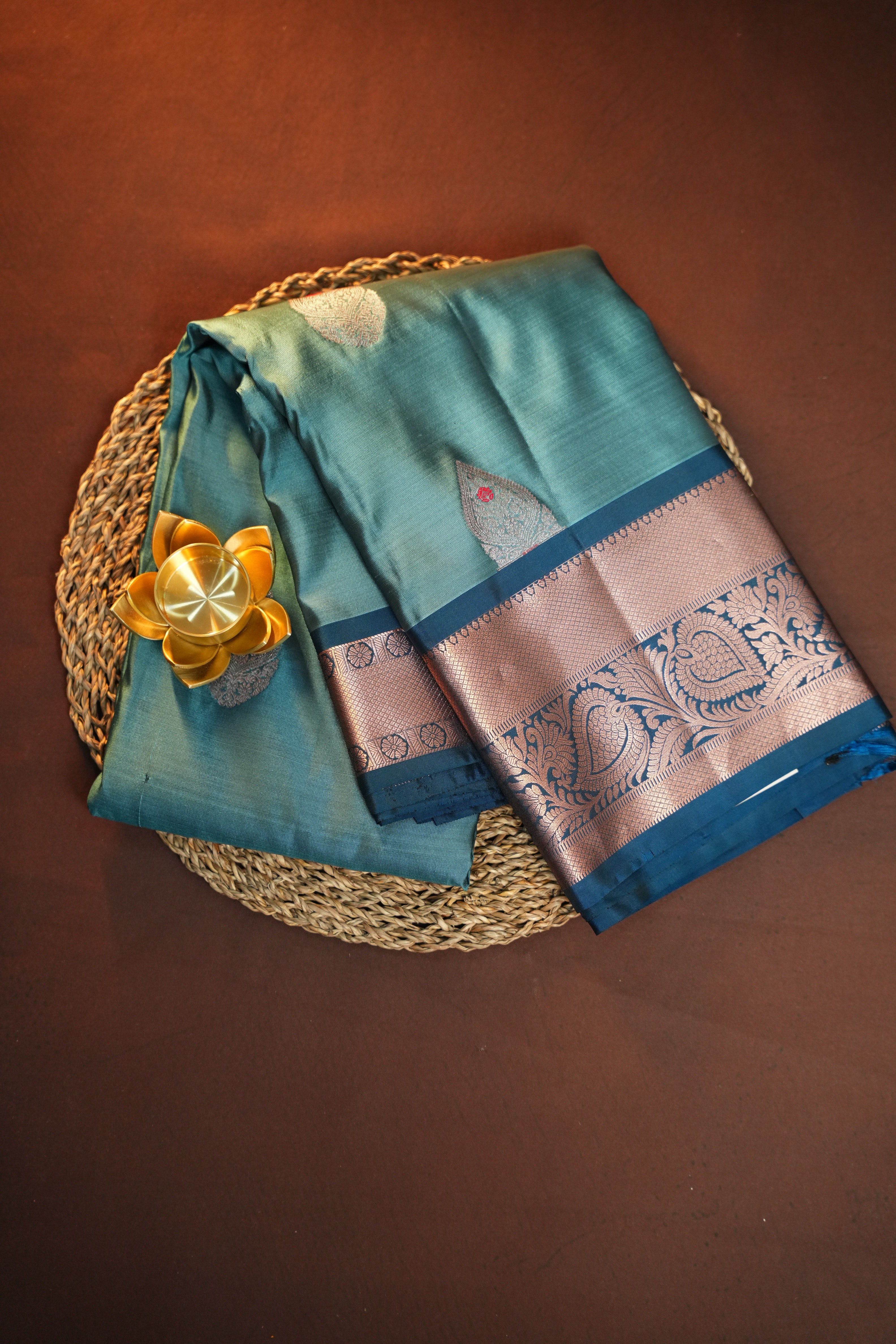 Teal Blue Kanchipuram Vintage Saree with Zari Border