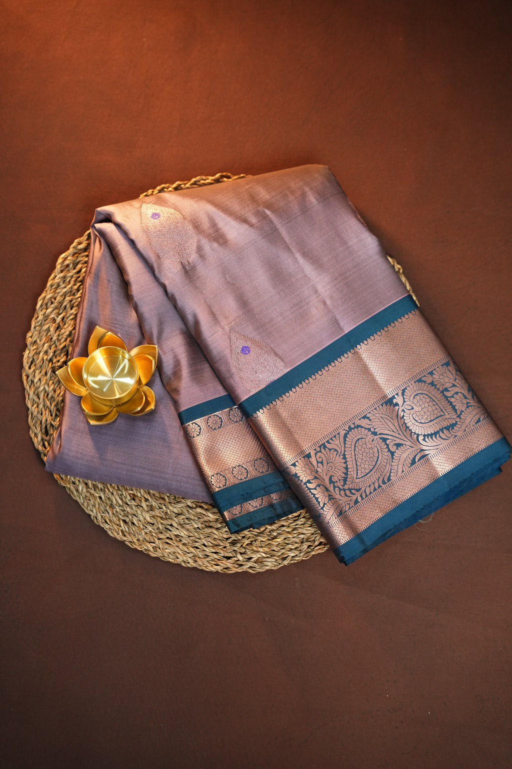 Lavender Kanchipuram Vintage Saree with Teal Zari Border