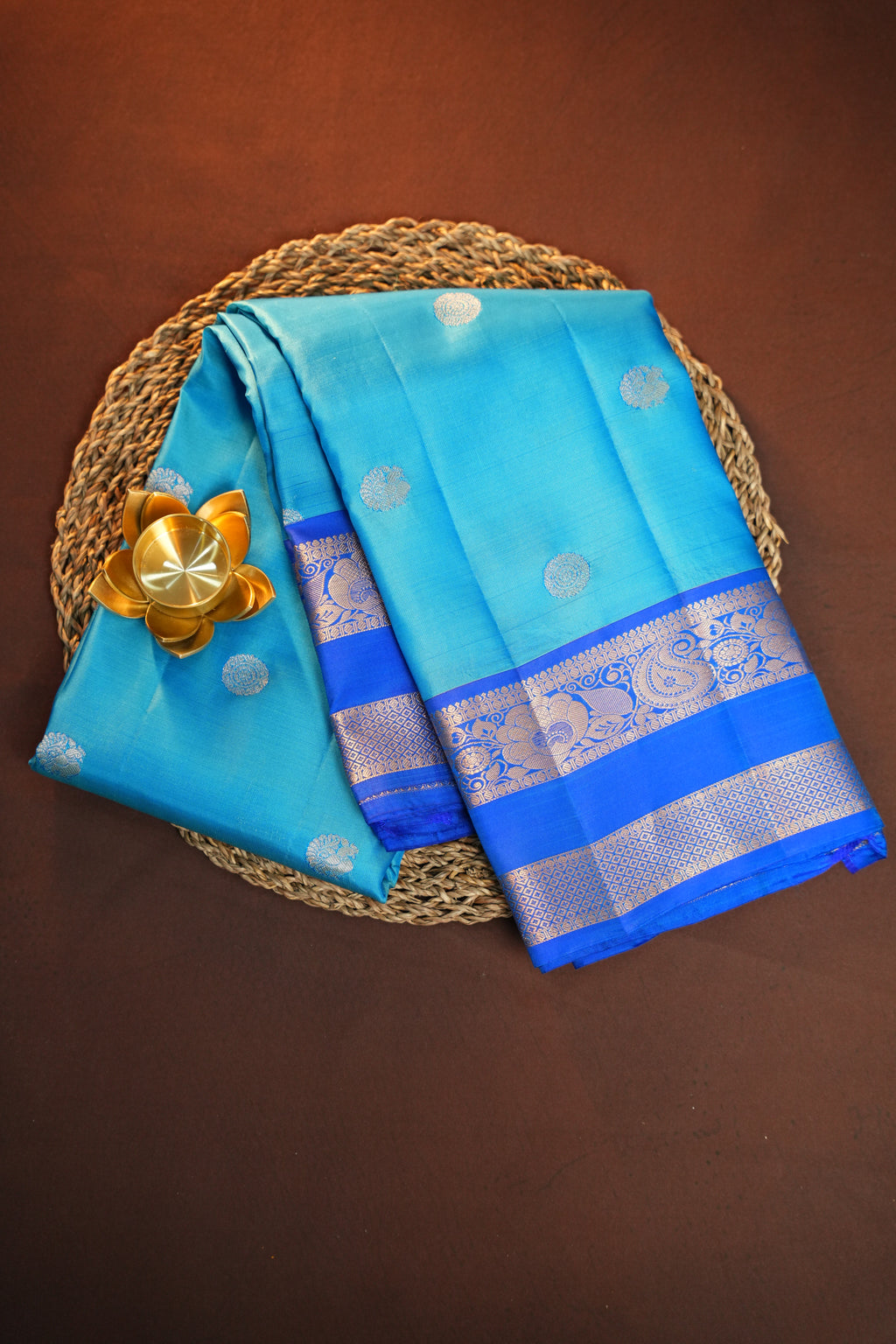 Sky Blue Kanchipuram Vintage Saree with Royal Blue Border