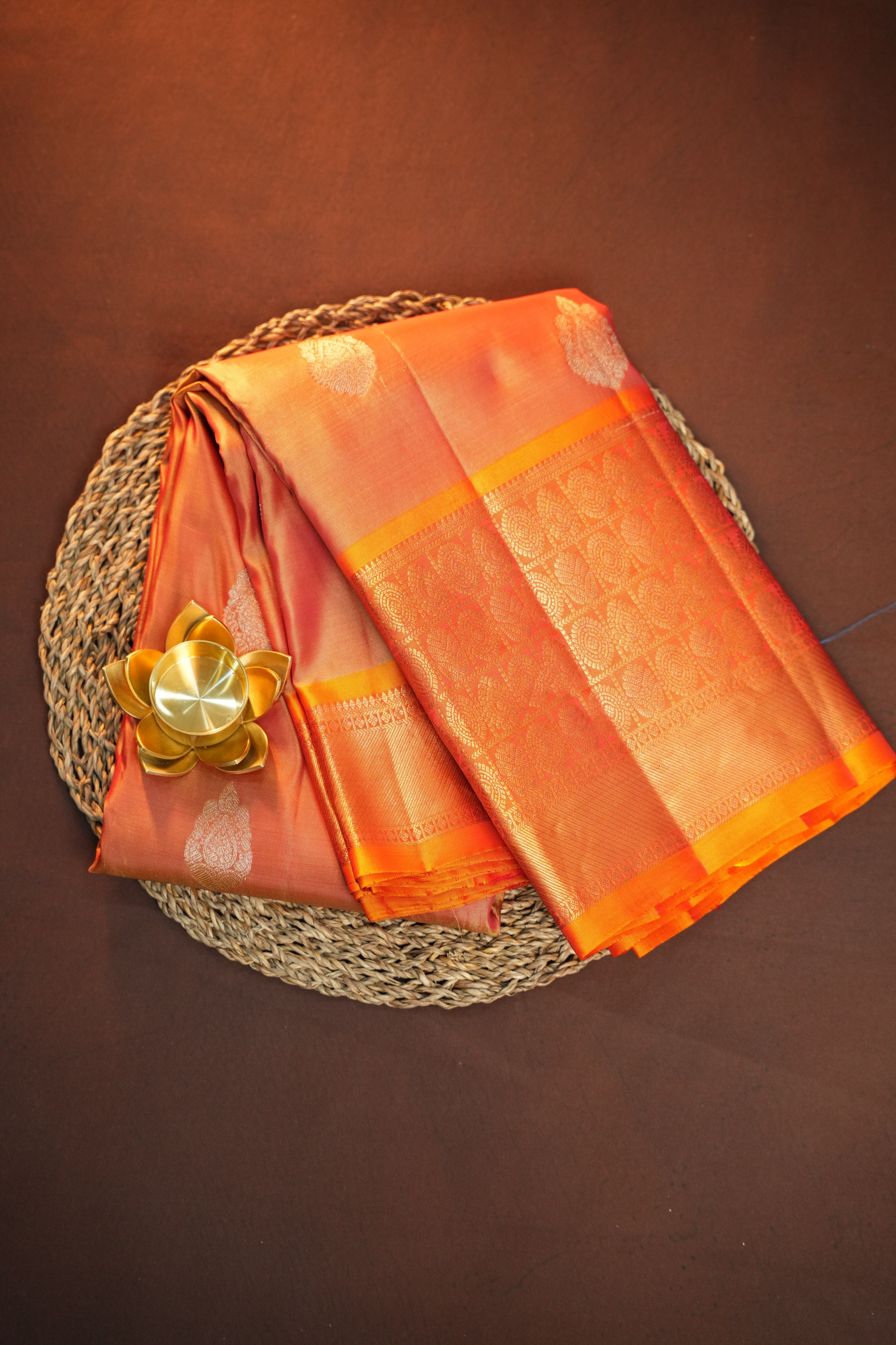 Peach Kanchipuram Vintage Saree with Orange Zari Border