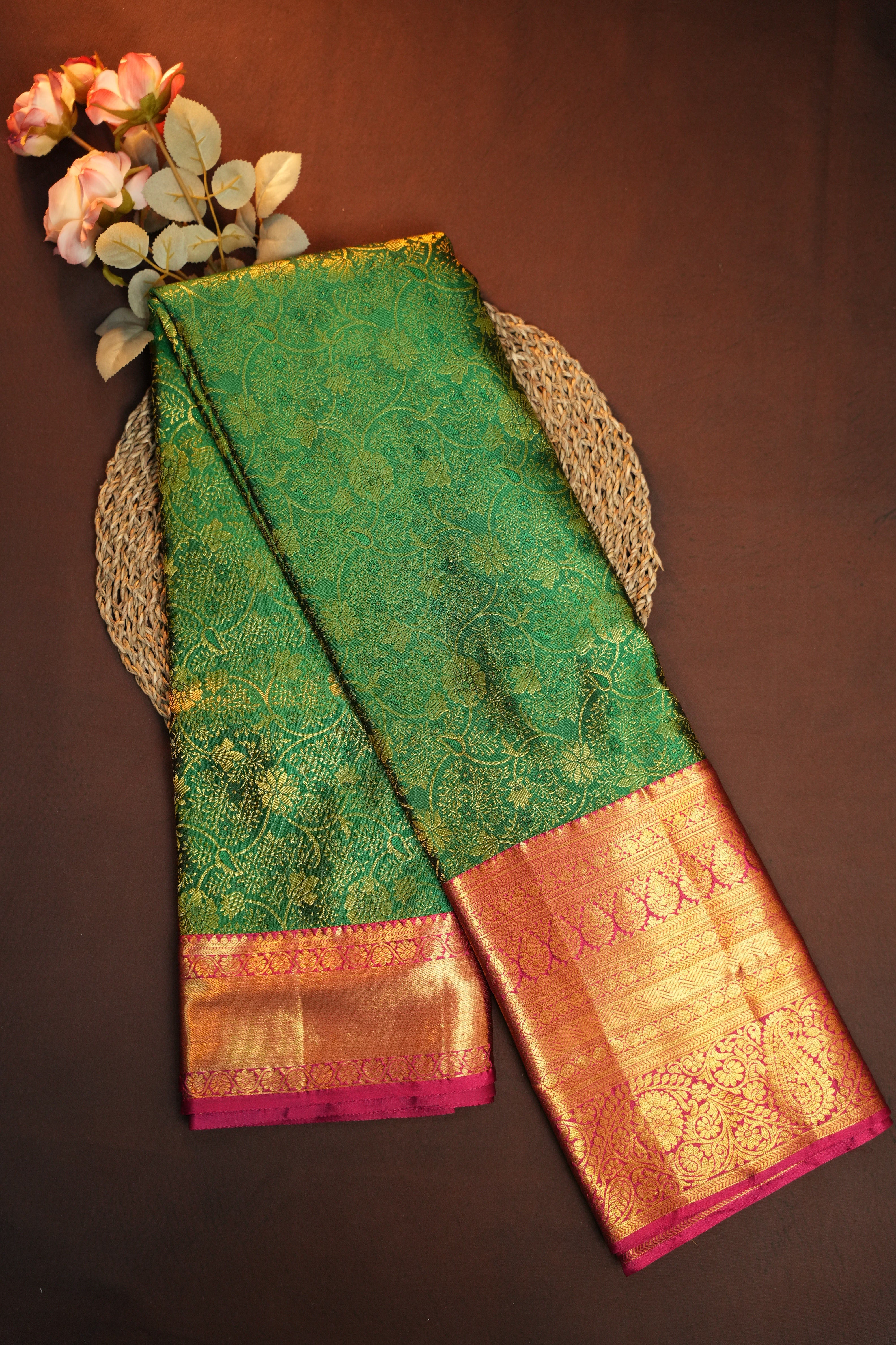 Green Kanchipuram Vintage Saree with Pink Zari Border