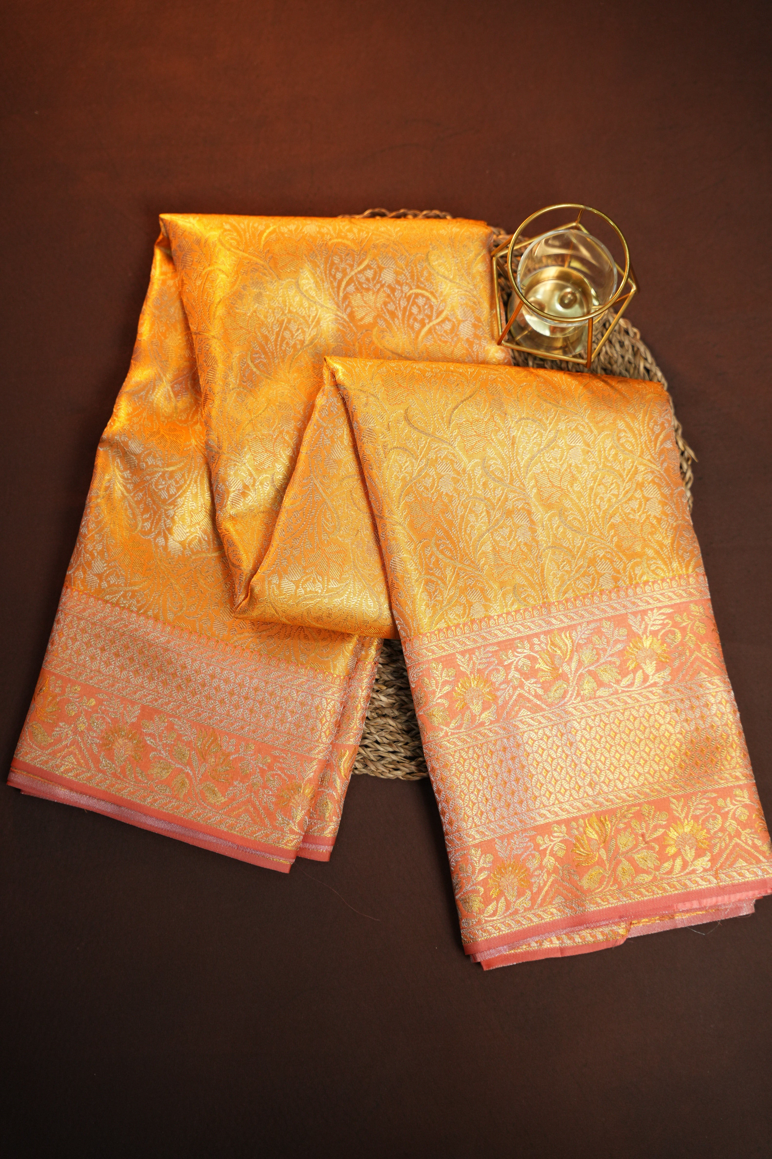 Golden Peach Kanchipuram Pattu Jari Wrap Saree