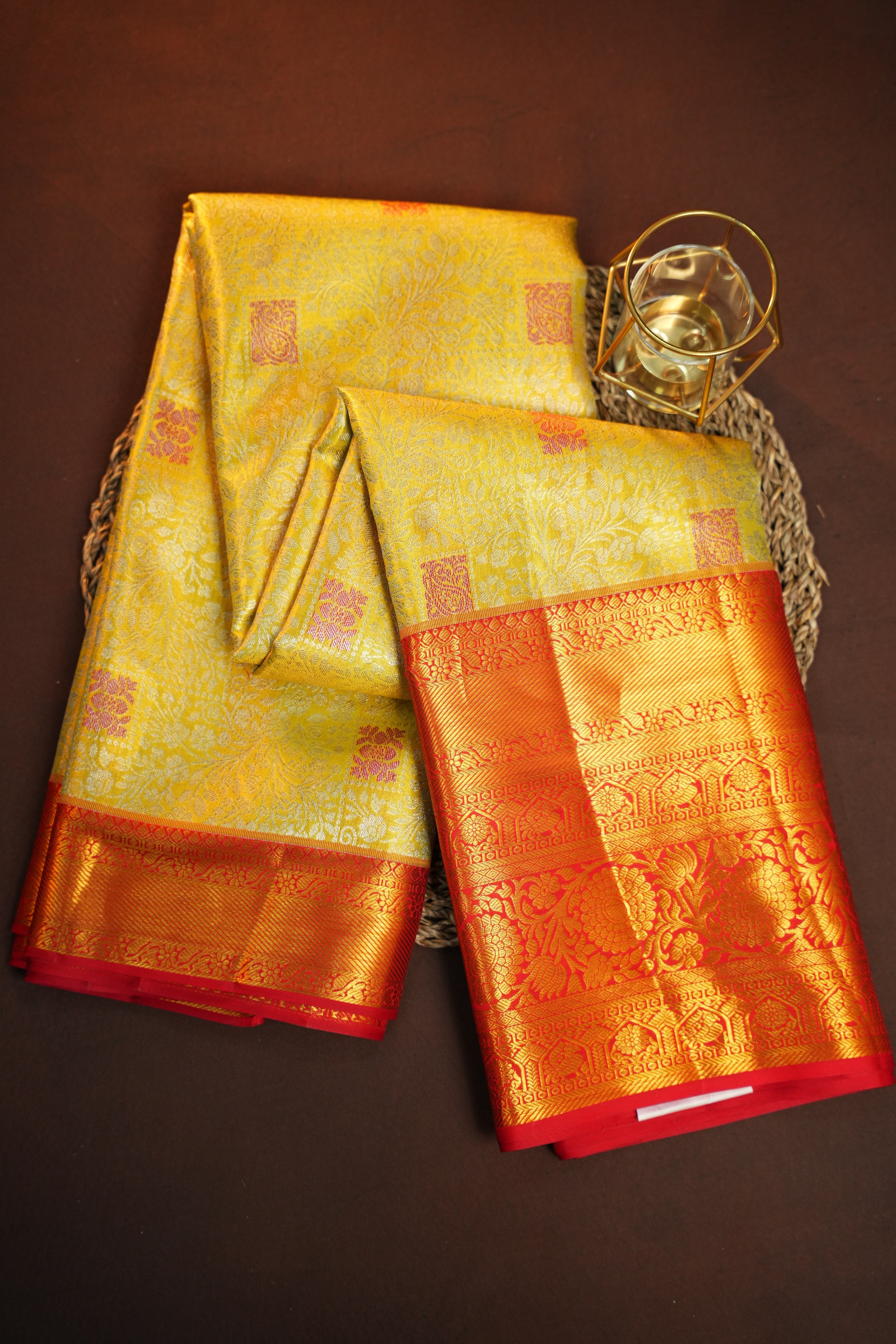 Yellow Red Kanchipuram Pattu Jari Wrap With Allover Meena Saree