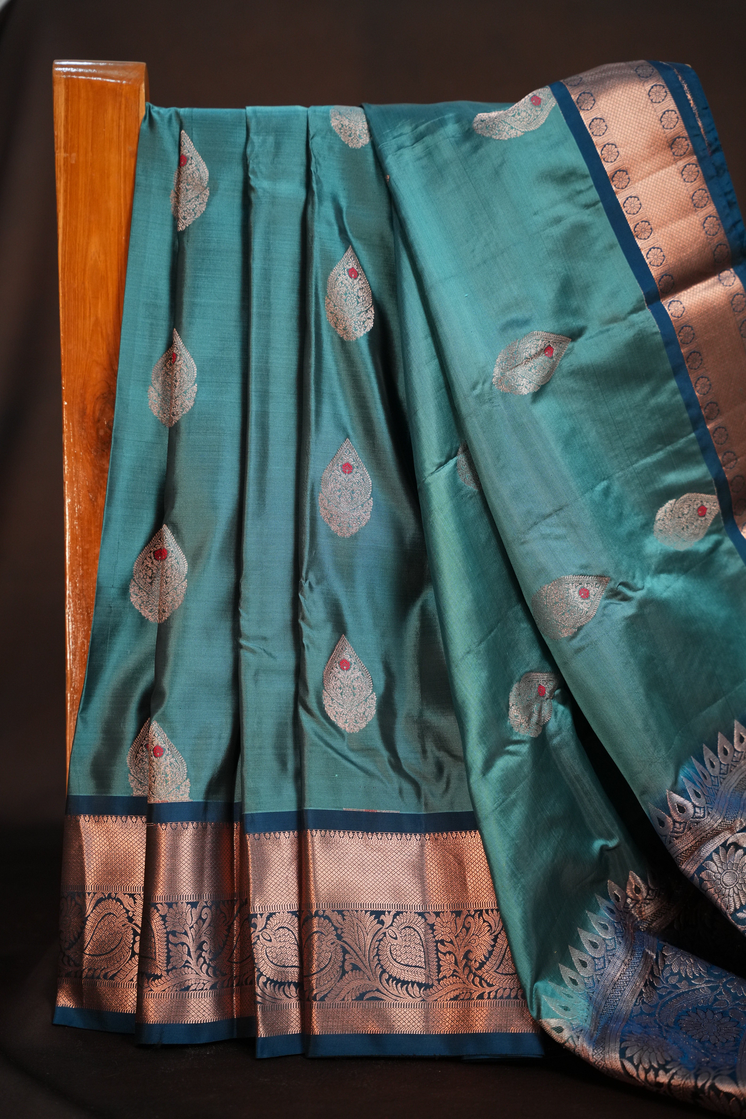 Teal Blue Kanchipuram Vintage Saree with Zari Border