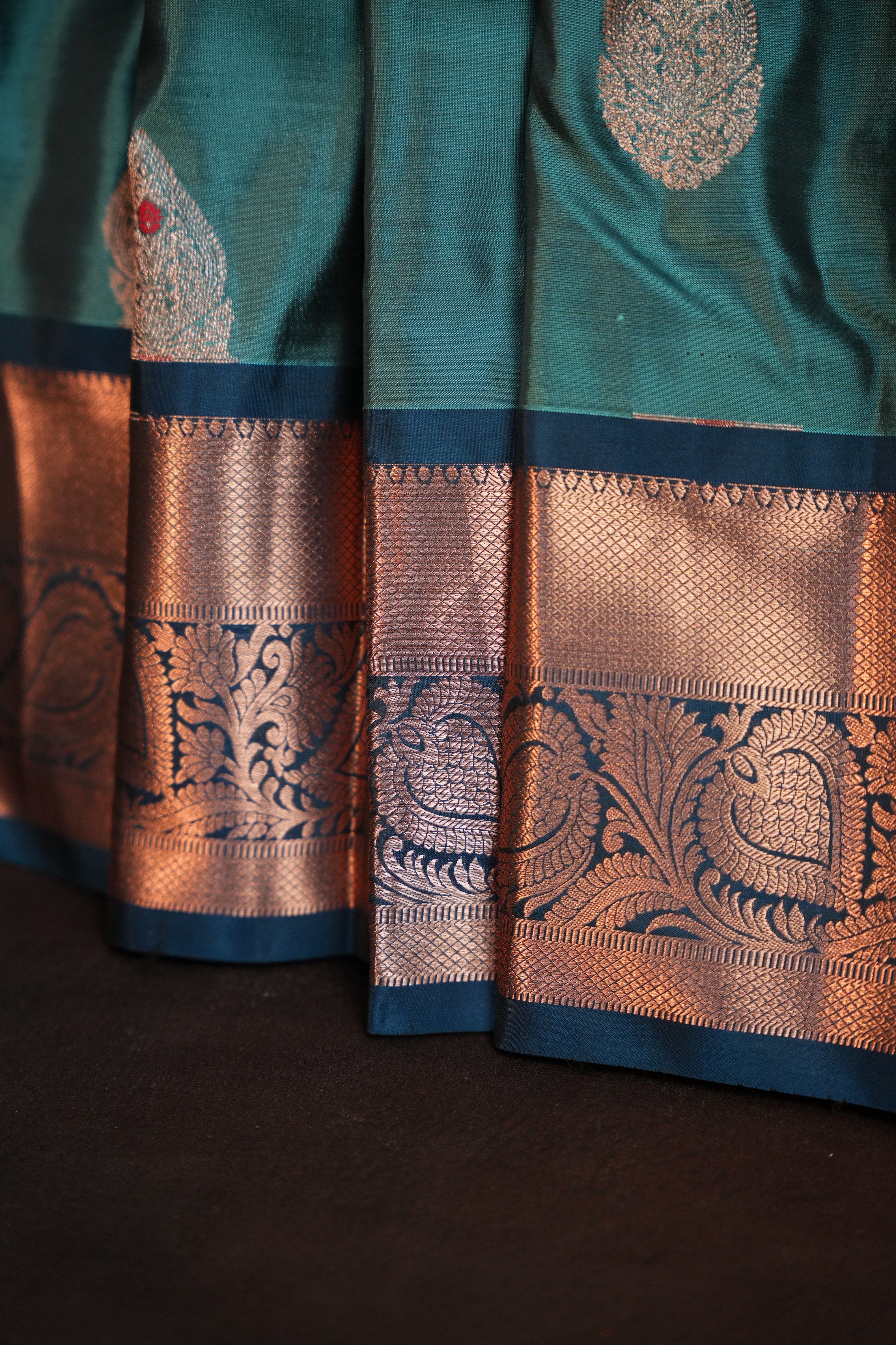 Teal Blue Kanchipuram Vintage Saree with Zari Border