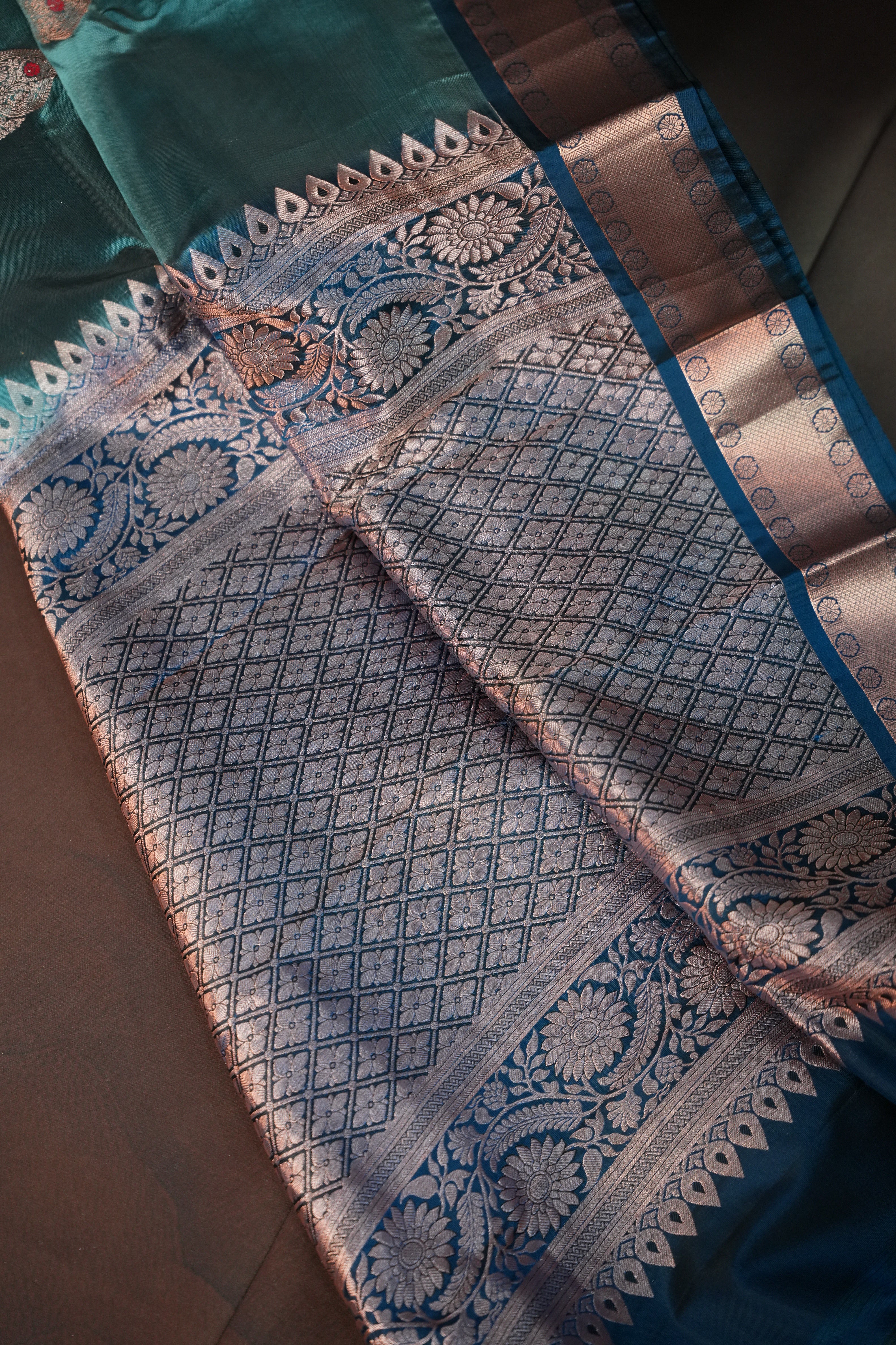 Teal Blue Kanchipuram Vintage Saree with Zari Border