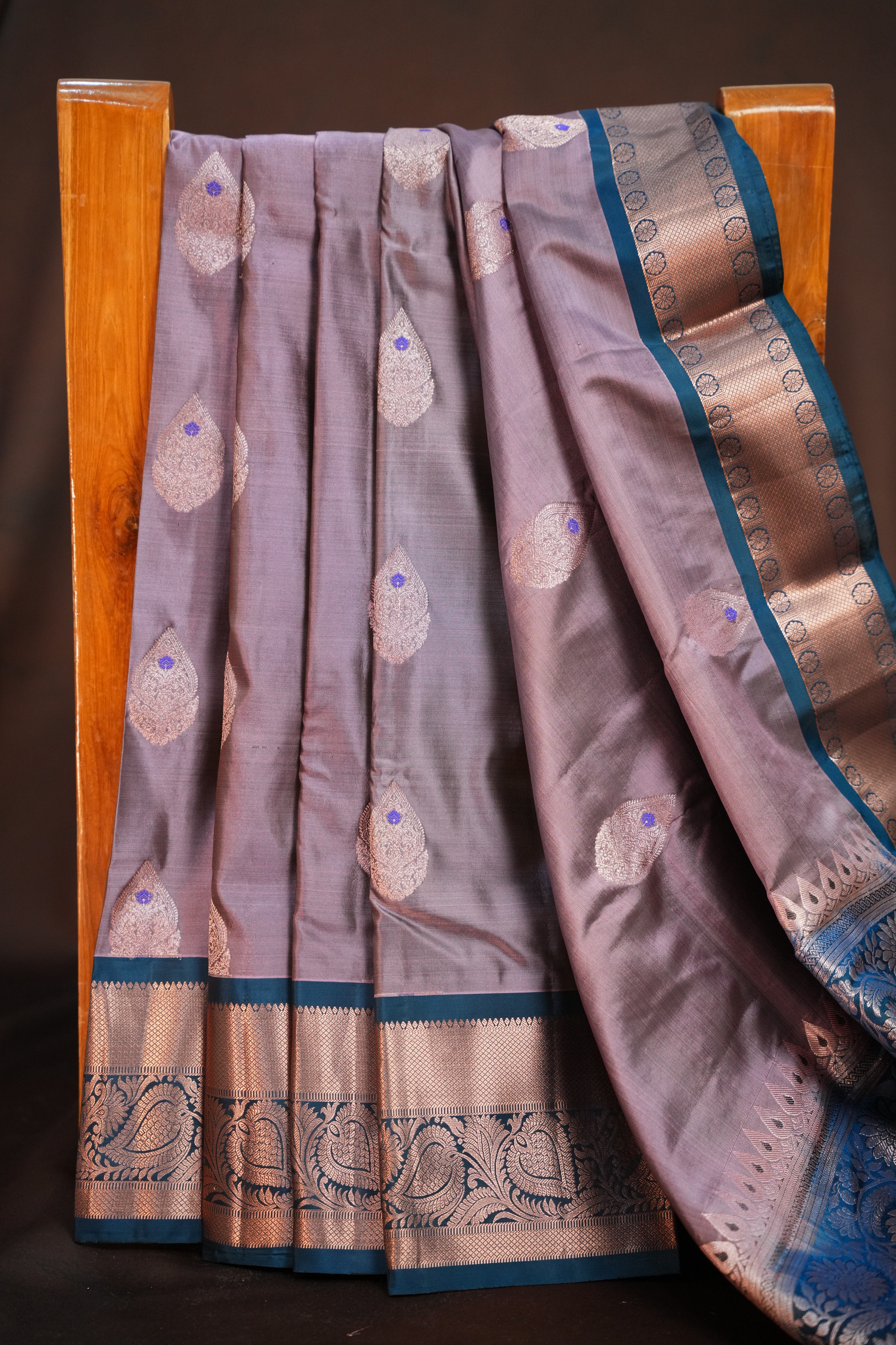 Lavender Kanchipuram Vintage Saree with Teal Zari Border