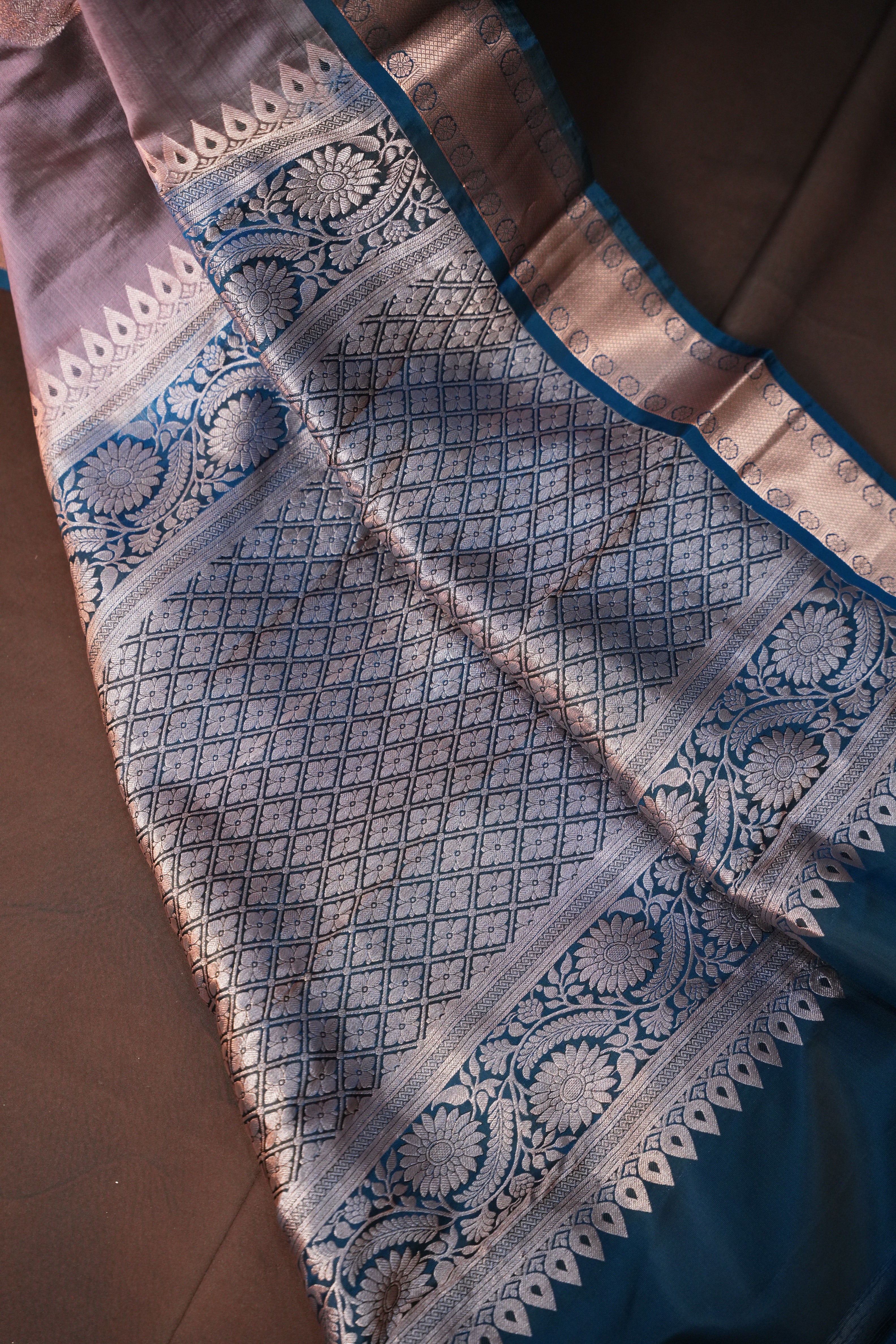 Lavender Kanchipuram Vintage Saree with Teal Zari Border
