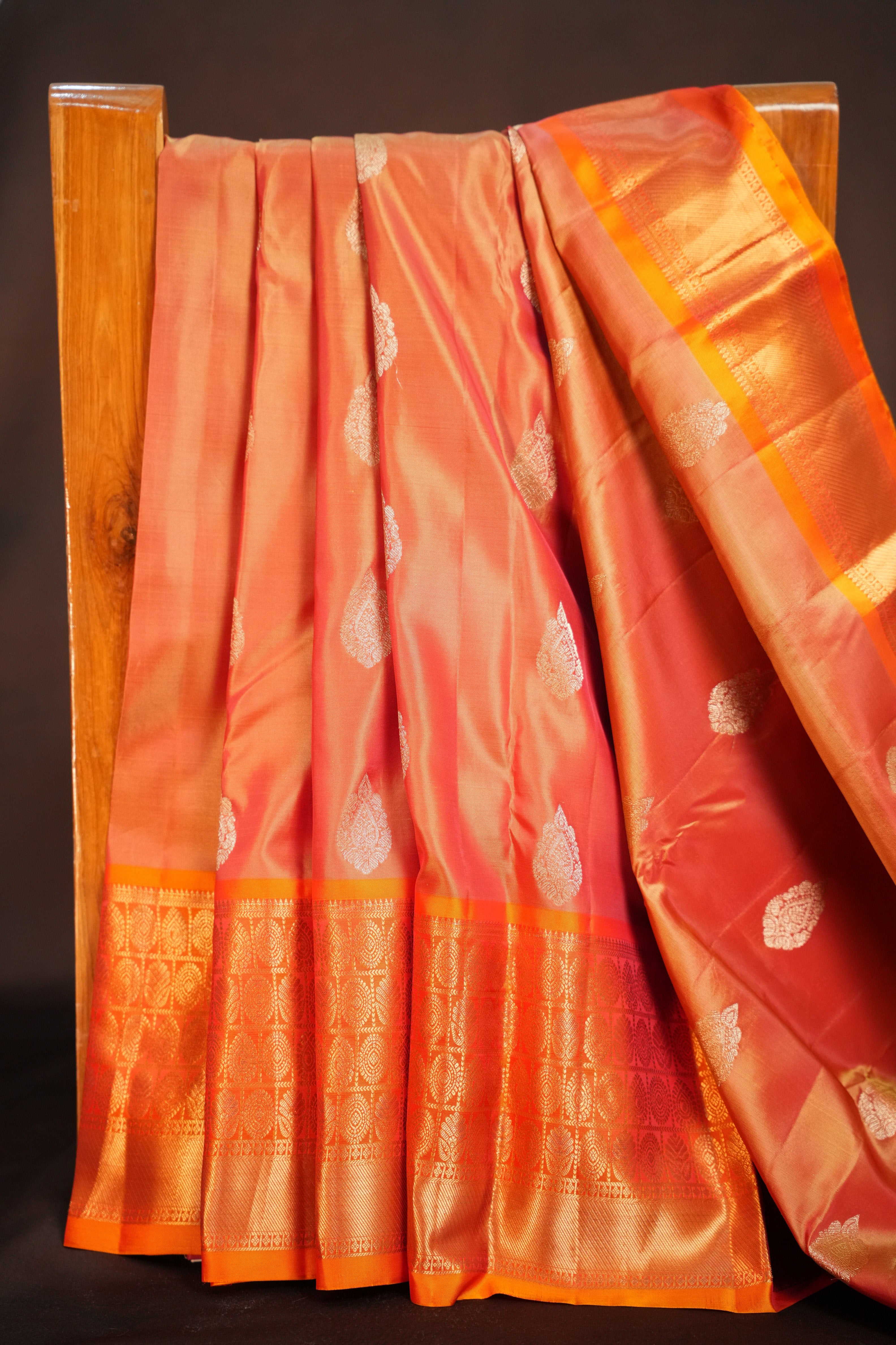 Peach Kanchipuram Vintage Saree with Orange Zari Border