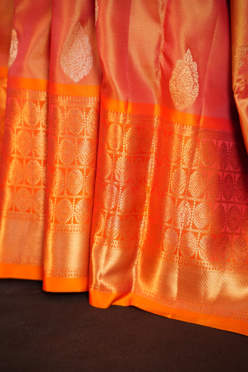 Peach Kanchipuram Vintage Saree with Orange Zari Border