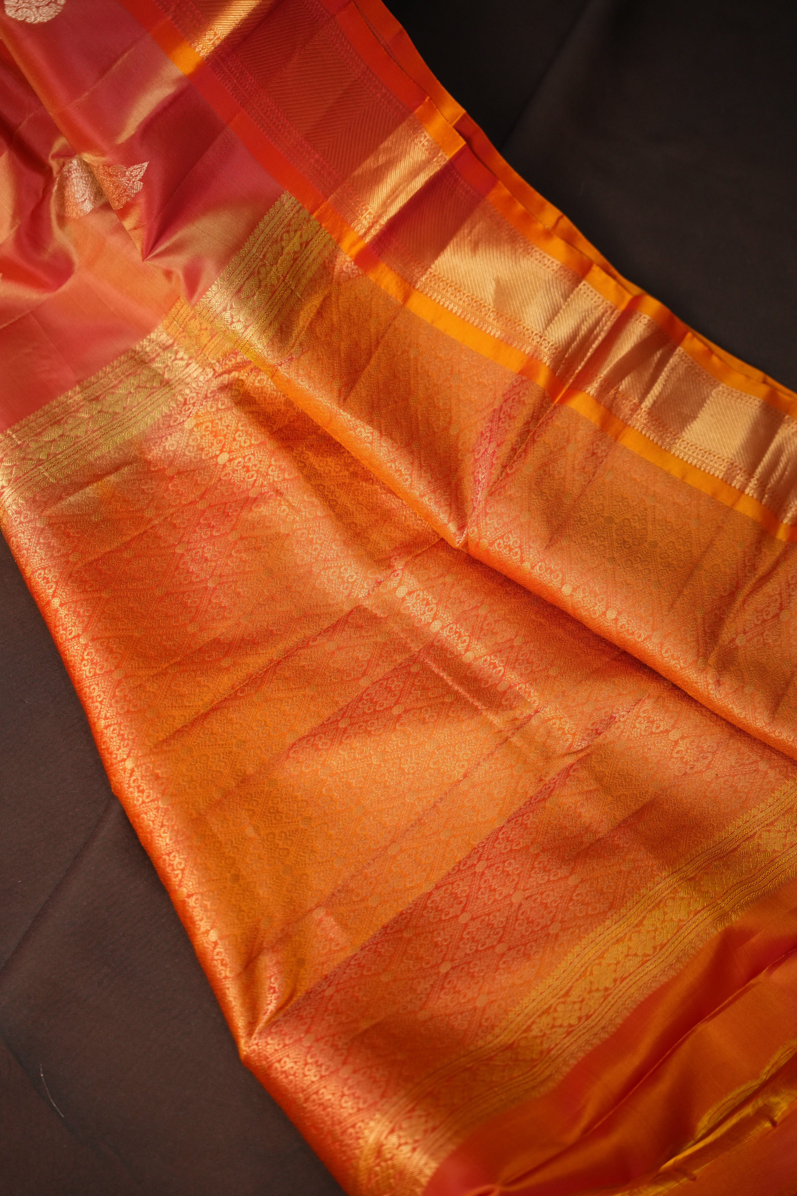 Peach Kanchipuram Vintage Saree with Orange Zari Border