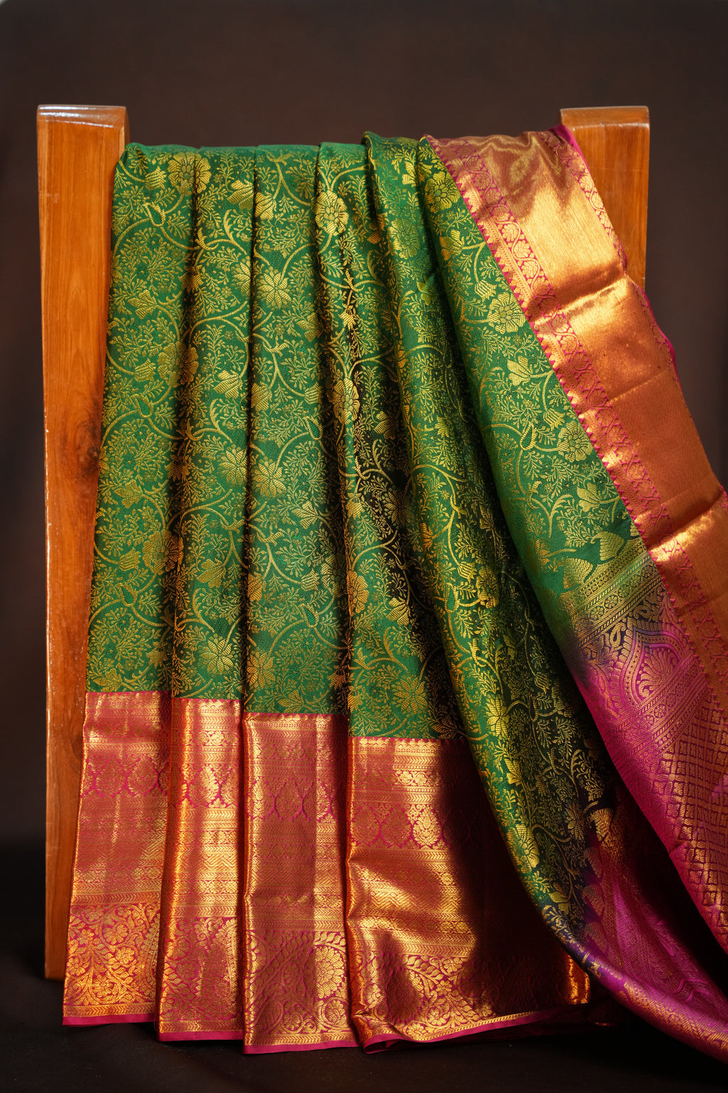 Green Kanchipuram Vintage Saree with Pink Zari Border