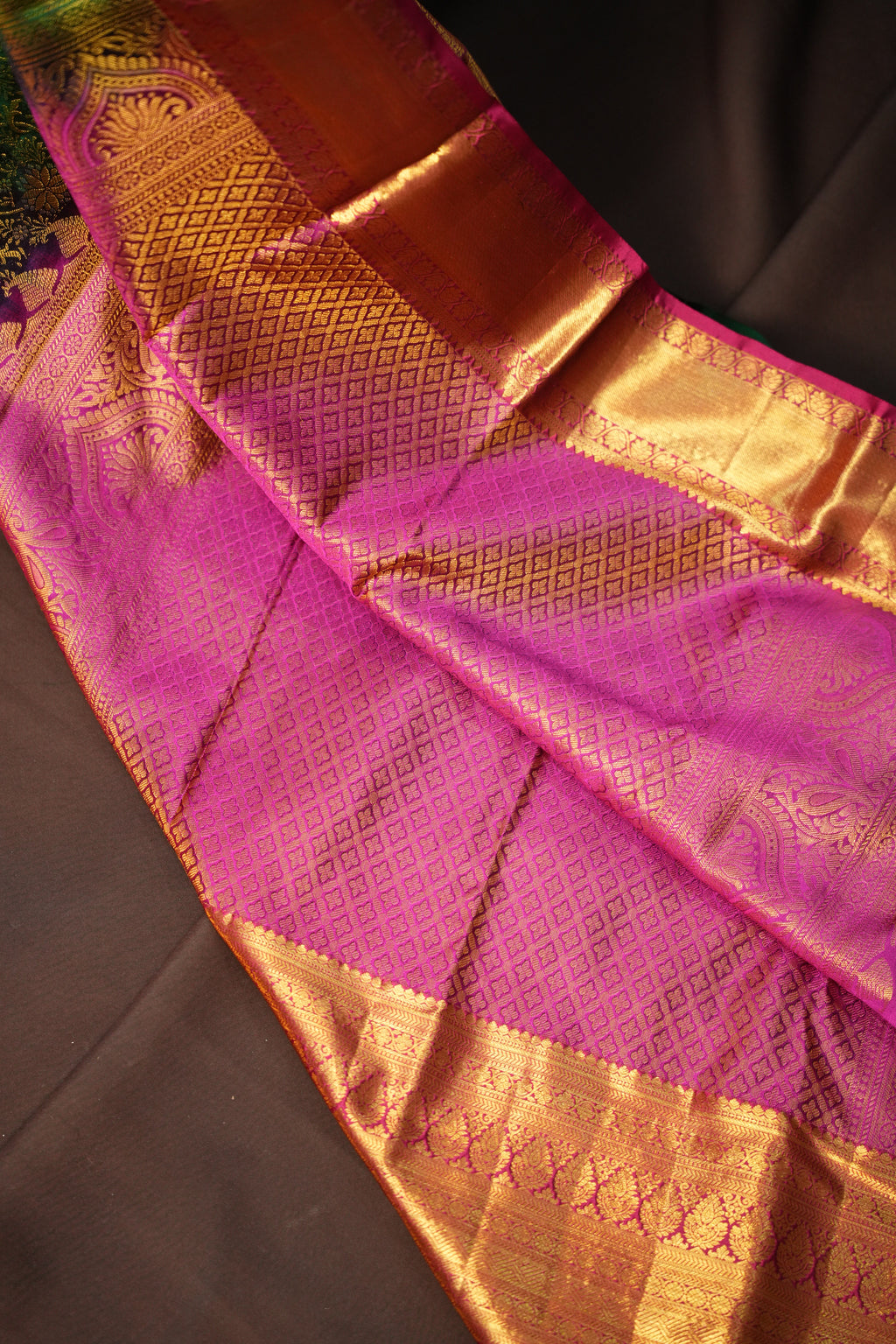 Green Kanchipuram Vintage Saree with Pink Zari Border