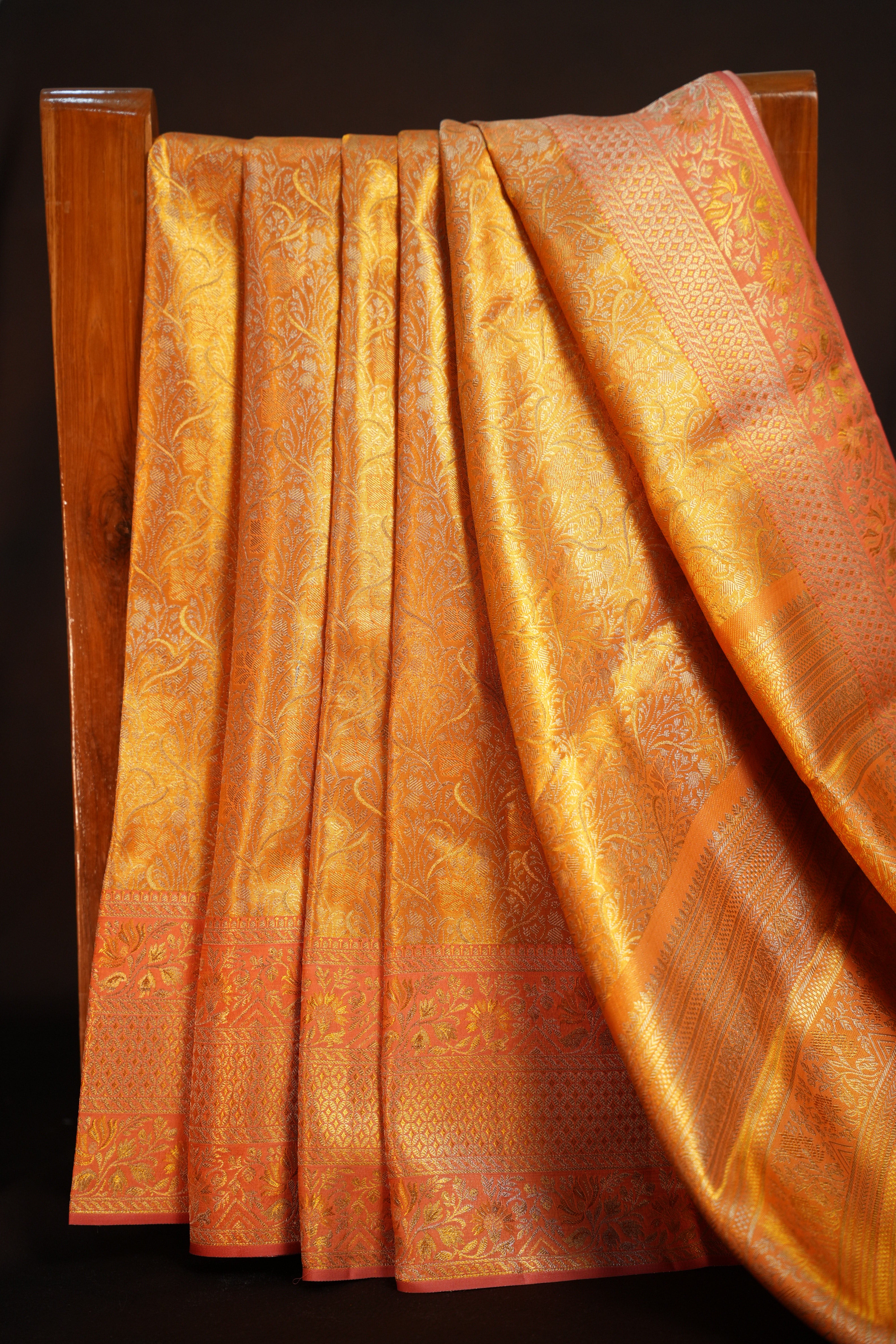 Golden Peach Kanchipuram Pattu Jari Wrap Saree
