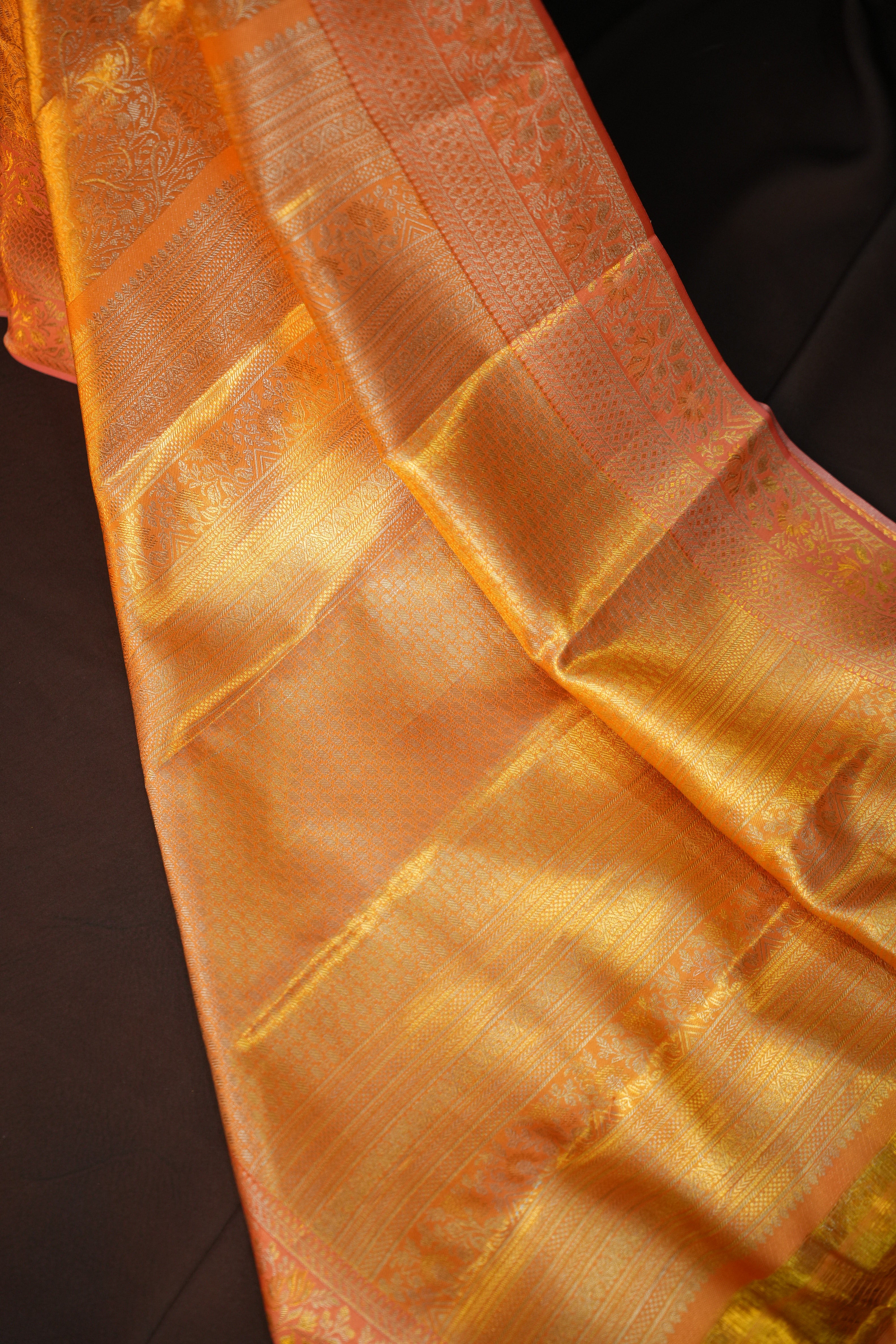 Golden Peach Kanchipuram Pattu Jari Wrap Saree