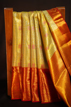 Yellow Red Kanchipuram Pattu Jari Wrap With Allover Meena Saree