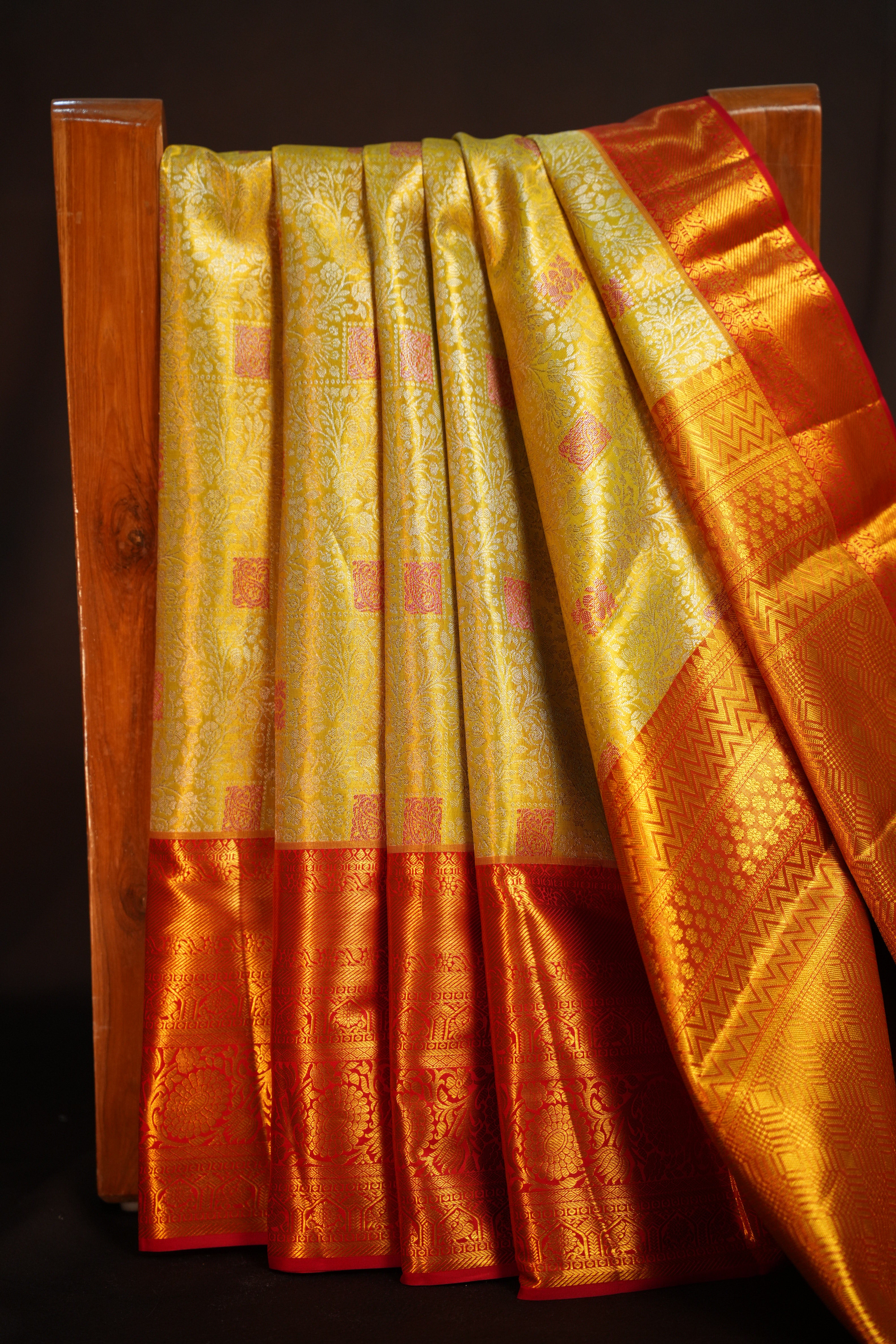 Yellow Red Kanchipuram Pattu Jari Wrap With Allover Meena Saree