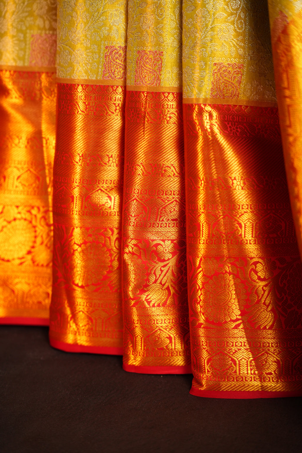 Yellow Red Kanchipuram Pattu Jari Wrap With Allover Meena Saree