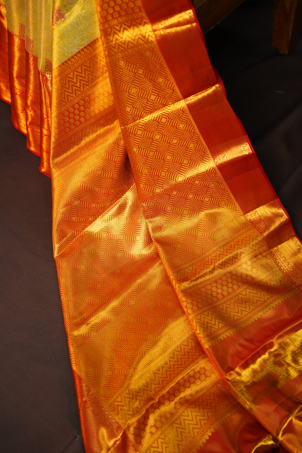Yellow Red Kanchipuram Pattu Jari Wrap With Allover Meena Saree