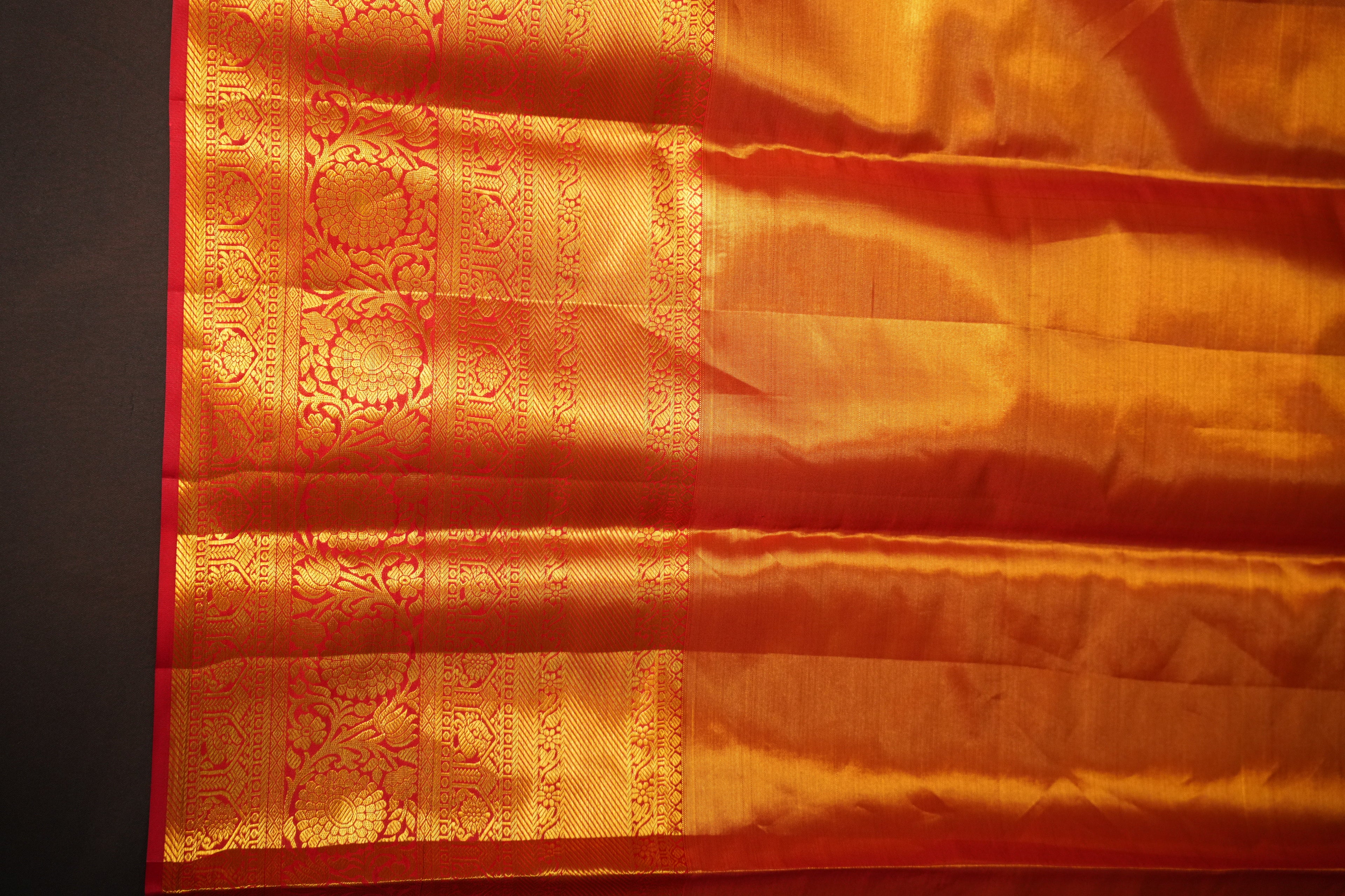 Yellow Red Kanchipuram Pattu Jari Wrap With Allover Meena Saree